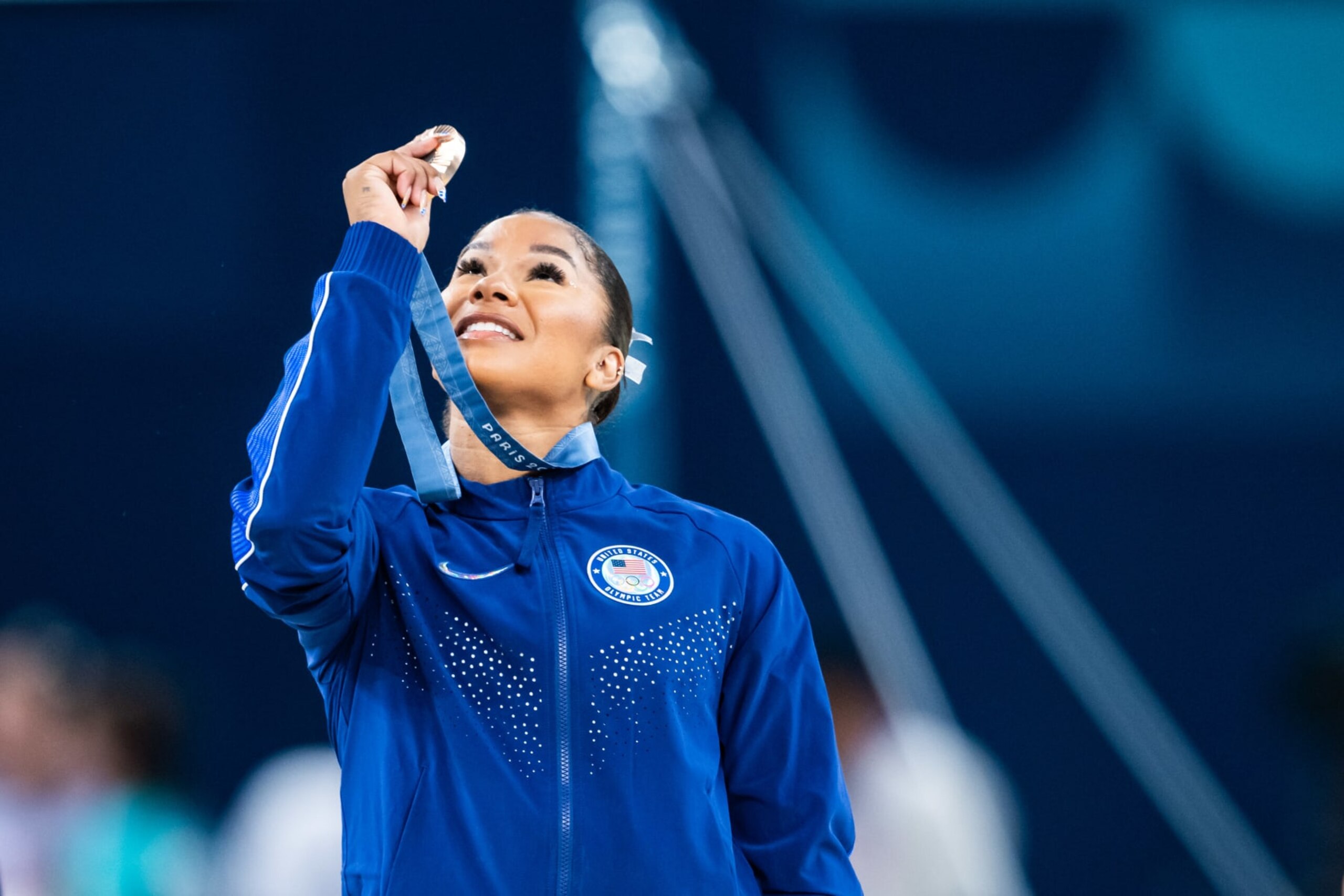 Jordan Chiles looking at the bronze medal that she might get stripped of. 