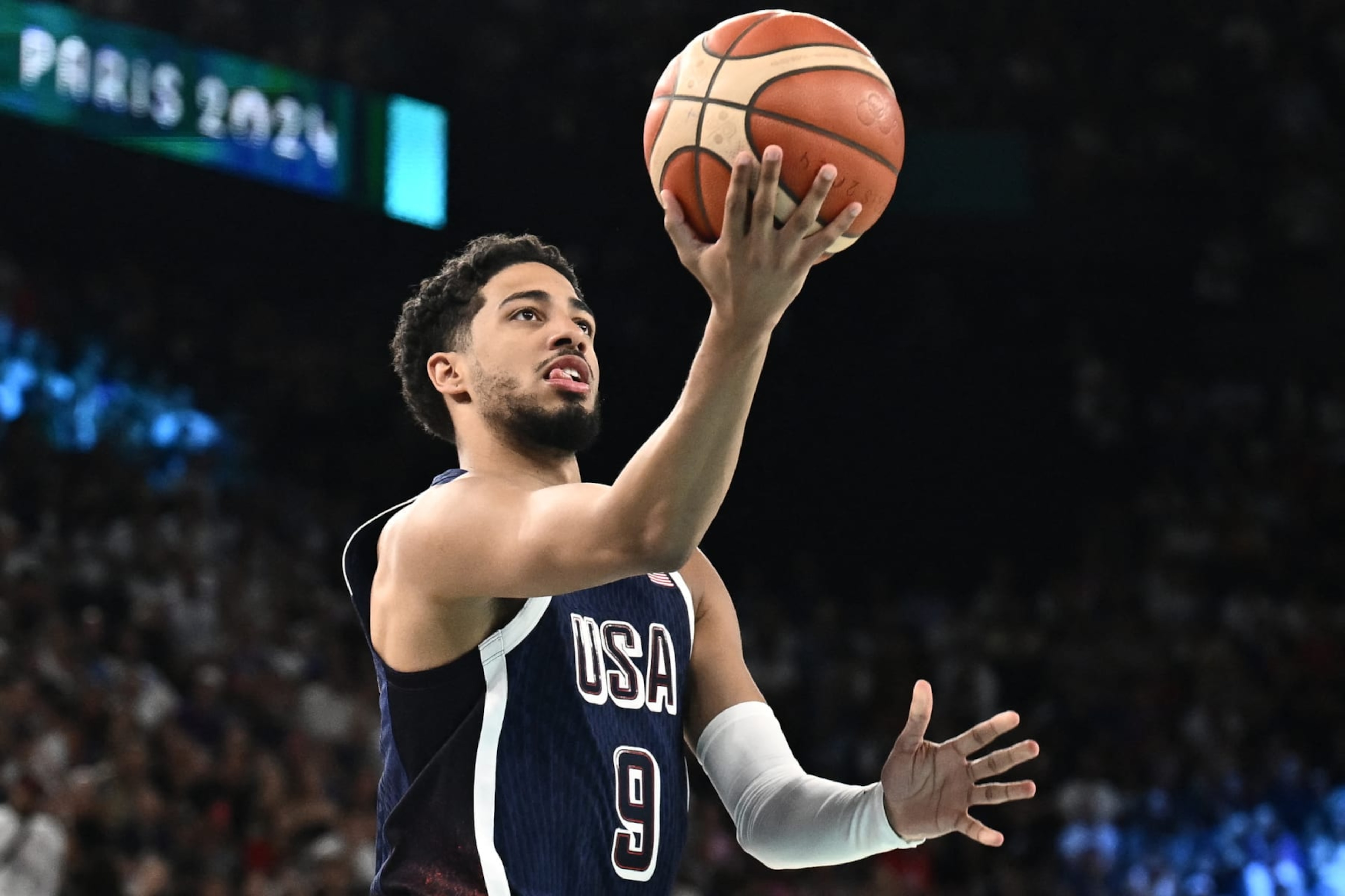 USA's #09 Tyrese Haliburton goes to the basket in the men's quarterfinal basketball match between Brazil and the USA during the Paris 2024 Olympic Games at the Bercy Arena in Paris on August 6, 2024. (Photo by Aris MESSINIS / AFP) (Photo by ARIS MESSINIS/AFP via Getty Images) USA's #09 Tyrese Haliburton goes to the basket in the men's quarterfinal basketball match between Brazil and the USA during the Paris 2024 Olympic Games at the Bercy Arena in Paris on August 6, 2024. (Photo by Aris MESSINIS / AFP) (Photo by ARIS MESSINIS/AFP via Getty Images)