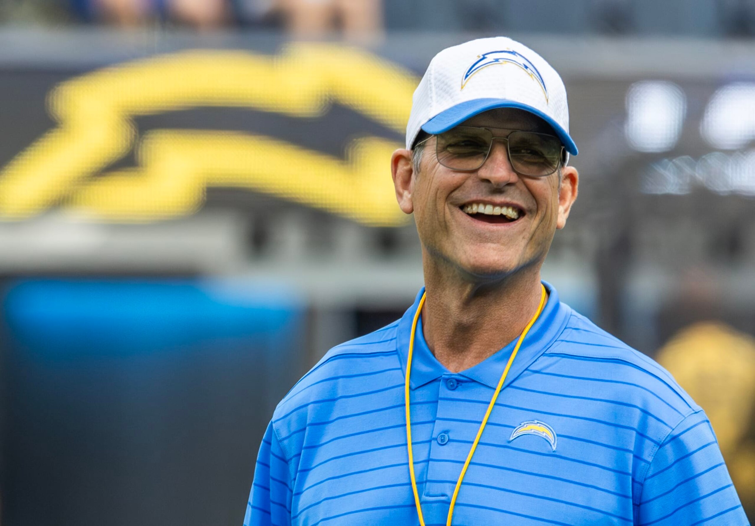 INGLEWOOD, CA - AUGUST 10: Los Angeles Chargers head coach Jim Harbaugh faces the Seattle Seahawks during a preseason game at SoFi Stadium in Inglewood, CA on Saturday, Aug. 10, 2024. (Myung J. Chun / Los Angeles Times via Getty Images)