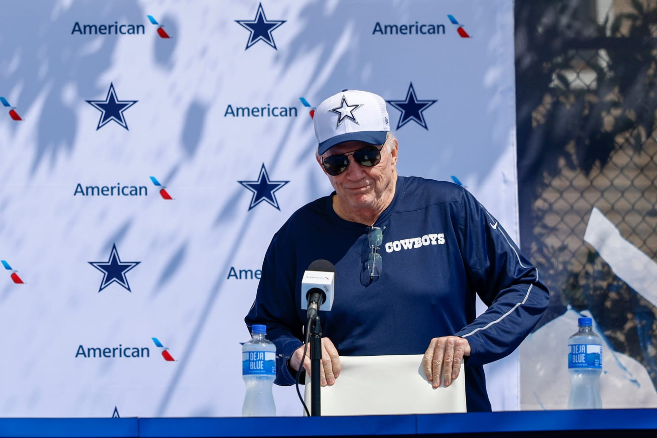 OXNARD, CA - JULY 25: Dallas Cowboys owner Jerry Jones sits down to talk to the media during the team's training camp at River Ridge Playing Fields on July 25, 2024 in Oxnard, CA. (Photo by Brandon Sloter/Icon Sportswire via Getty Images)