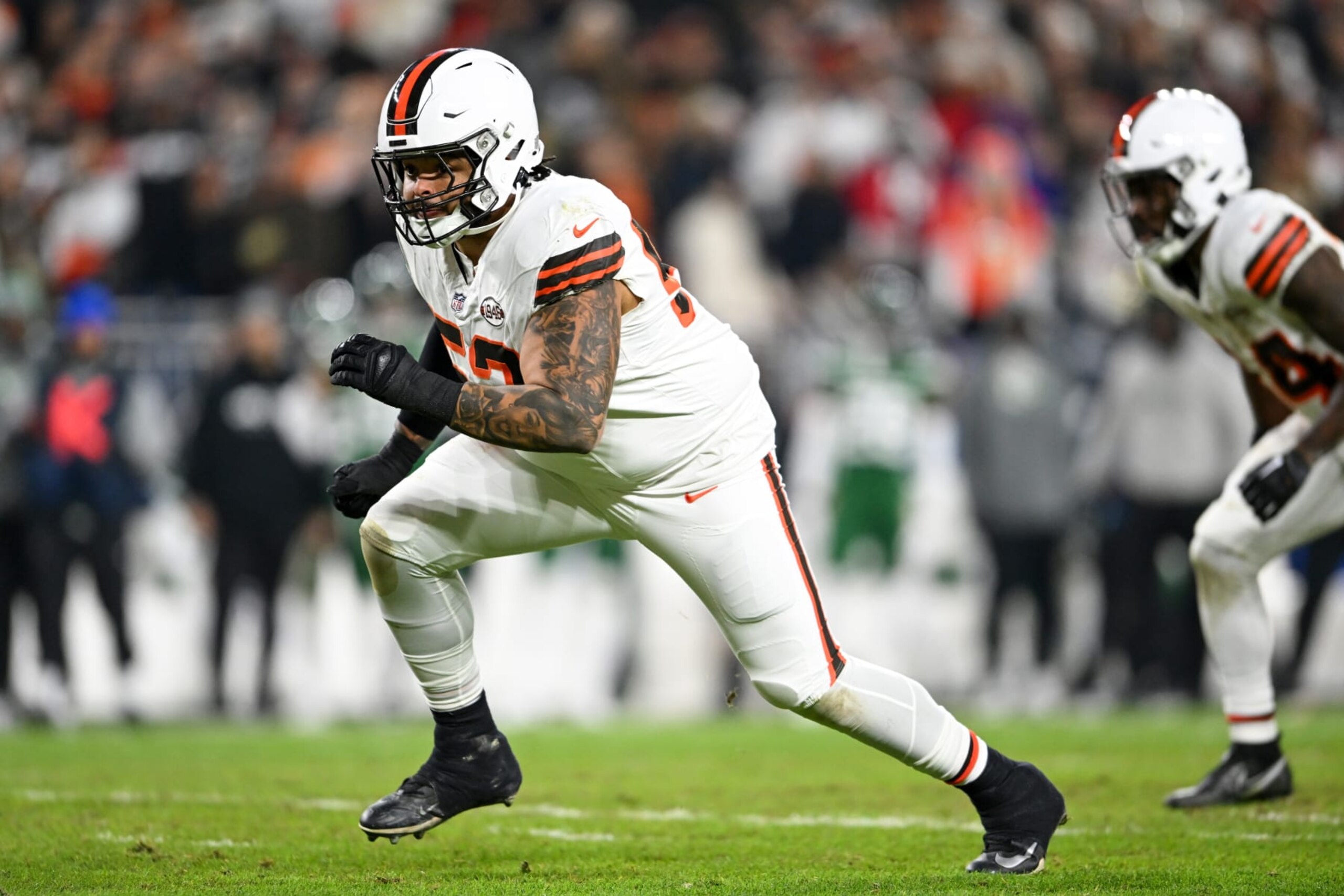 CLEVELAND, OHIO - DECEMBER 28: Nick Harris #53 of the Cleveland Browns in action during the first half against the New York Jets at Cleveland Browns Stadium on December 28, 2023 in Cleveland, Ohio. (Photo by Nick Cammett/Diamond Images via Getty Images)