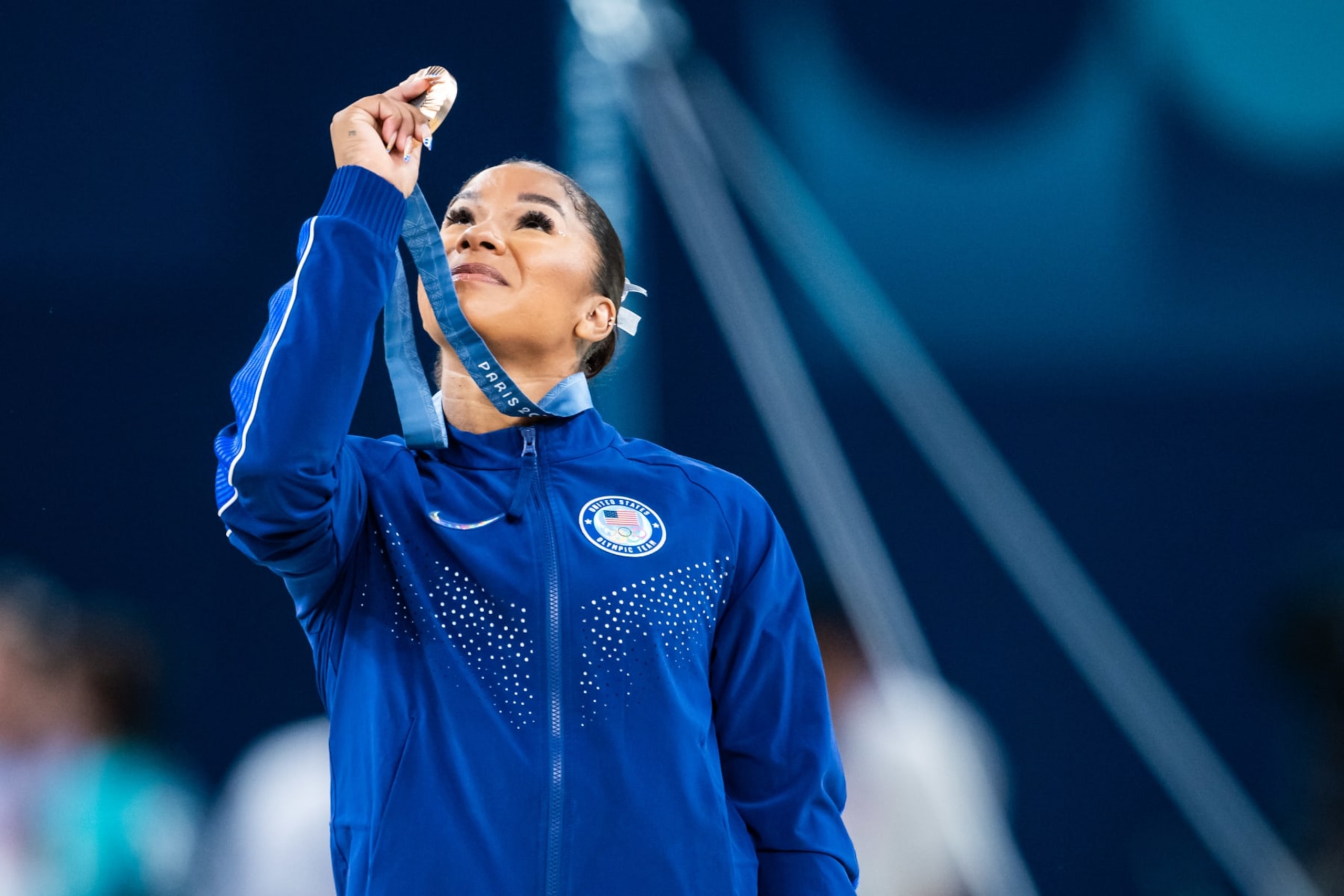 PARIS, FRANCE - AUGUST 5: Bronze medalist Jordan Chiles of Team United States celebrates after the Artistic Gymnastics Women's Floor Exercise Final on day ten of the Olympic Games Paris 2024 at the Bercy Arena on August 5, 2024 in Paris, France. (Photo by Tom Weller/VOIGT/GettyImages)