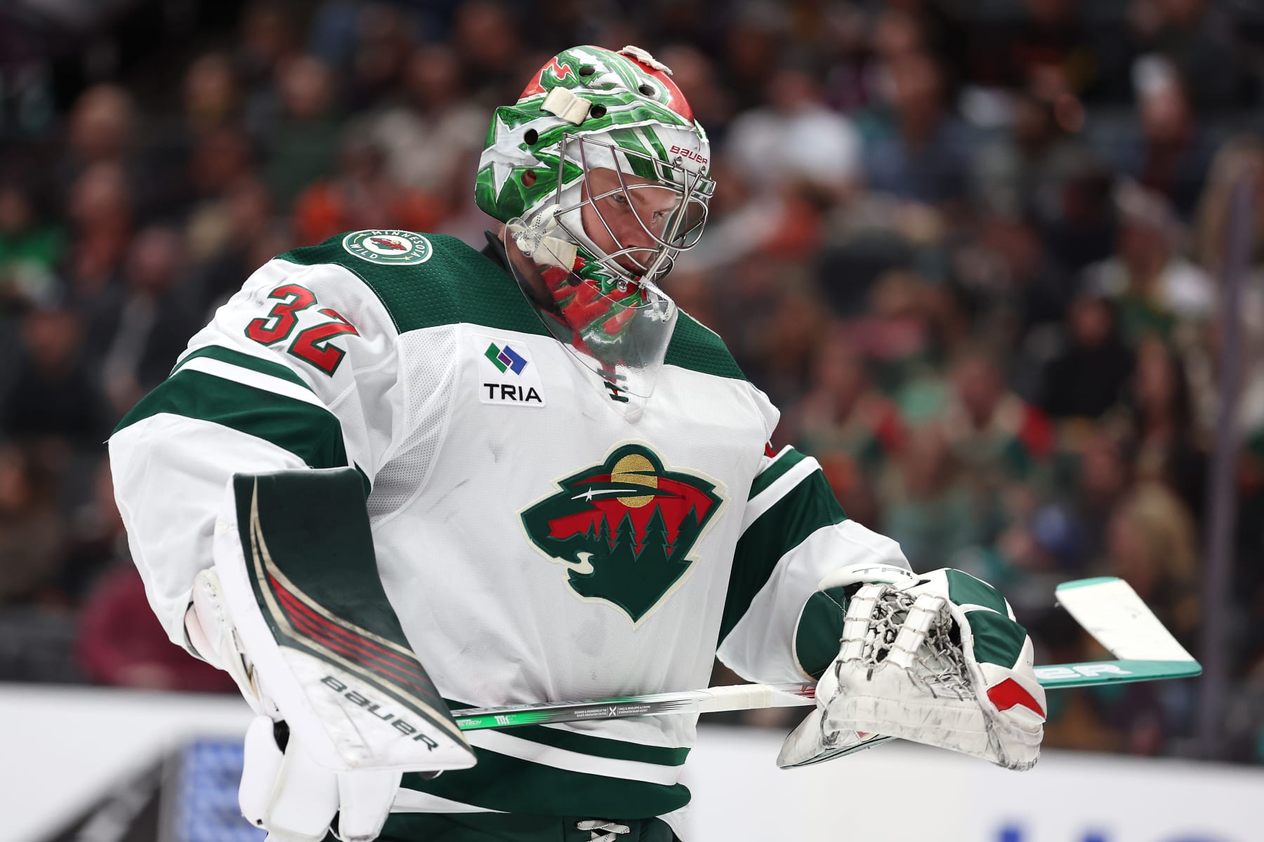 ANAHEIM, CALIFORNIA - MARCH 19: Filip Gustavsson #32 of the Minnesota Wild looks on during the second period of a game against the Anaheim Ducks at Honda Center on March 19, 2024 in Anaheim, California. (Photo by Sean M. Haffey/Getty Images)