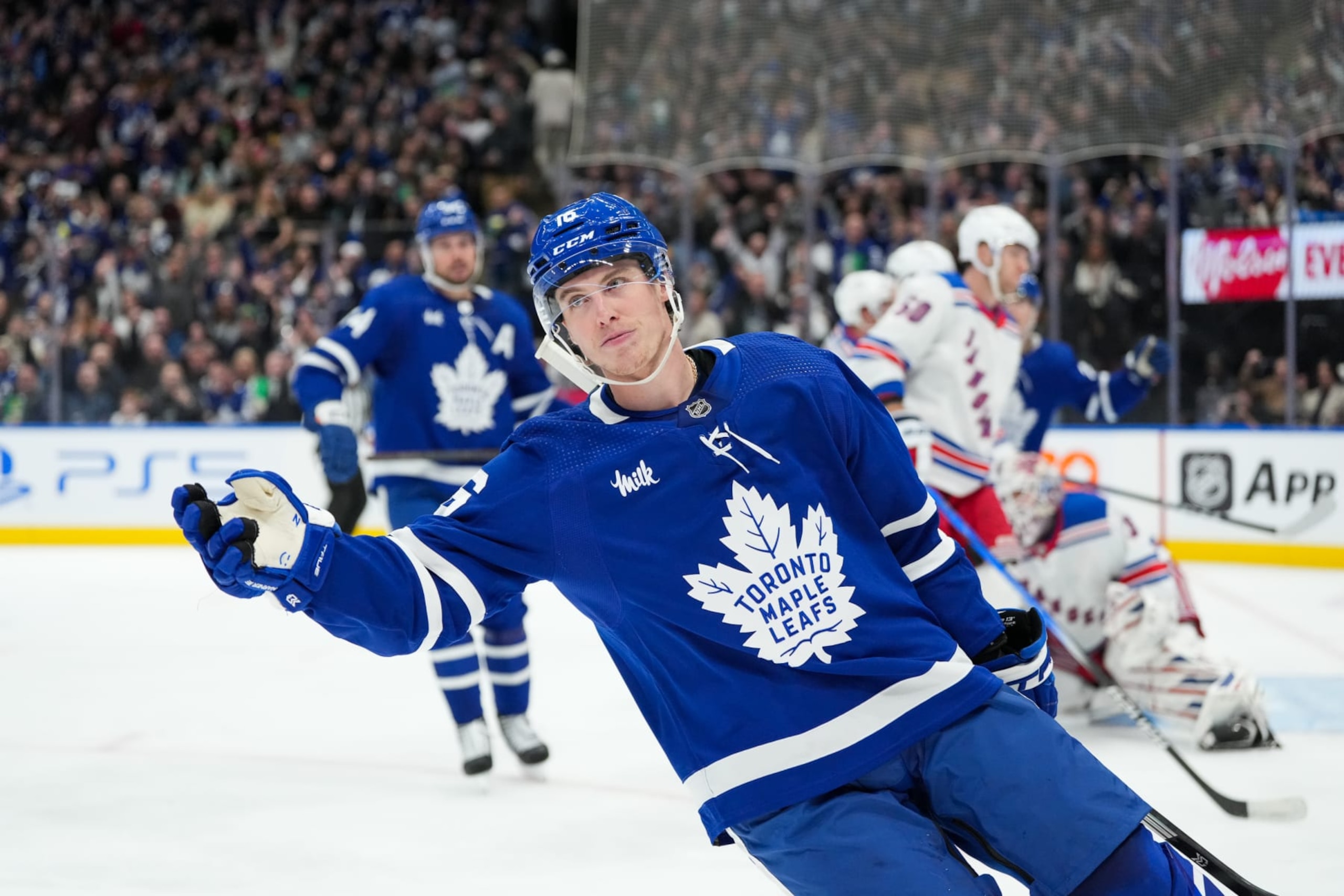 TORONTO, CANADA - MARCH 2: Mitchell Marner #16 of the Toronto Maple Leafs celebrates scoring a goal against the New York Rangers at Scotiabank Arena on March 2, 2024 in Toronto, Ontario, Canada. (Photo by Michael Chisholm/NHLI via Getty Images) TORONTO, CANADA - MARCH 2: Mitchell Marner #16 of the Toronto Maple Leafs celebrates scoring a goal against the New York Rangers at Scotiabank Arena on March 2, 2024 in Toronto, Ontario, Canada. (Photo by Michael Chisholm/NHLI via Getty Images)