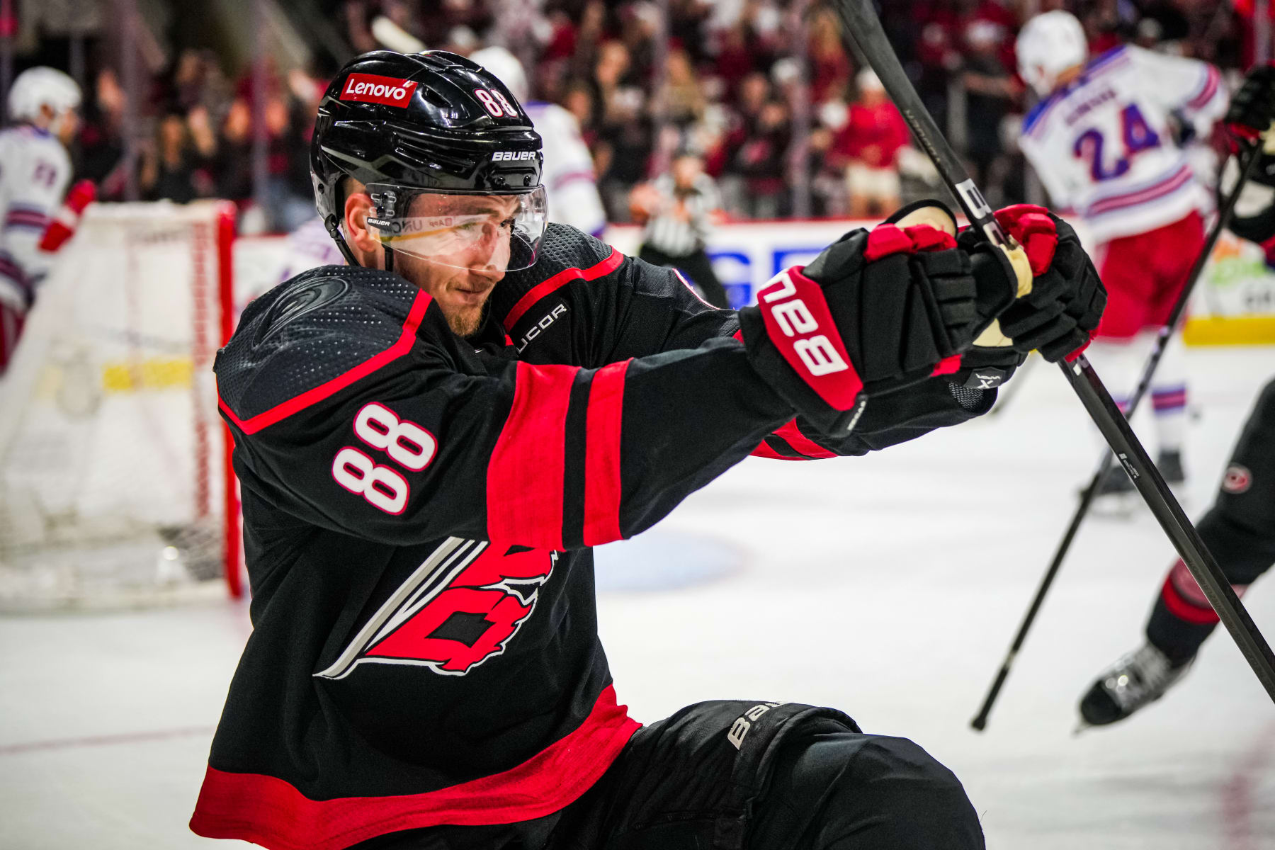 RALEIGH, NORTH CAROLINA - MAY 16: Martin Necas #88 of the Carolina Hurricanes celebrates after a goal during the first period against the New York Rangers in Game Six of the Second Round of the 2024 Stanley Cup Playoffs at PNC Arena on May 16, 2024 in Raleigh, North Carolina.  (Photo by Josh Lavallee/NHLI via Getty Images)