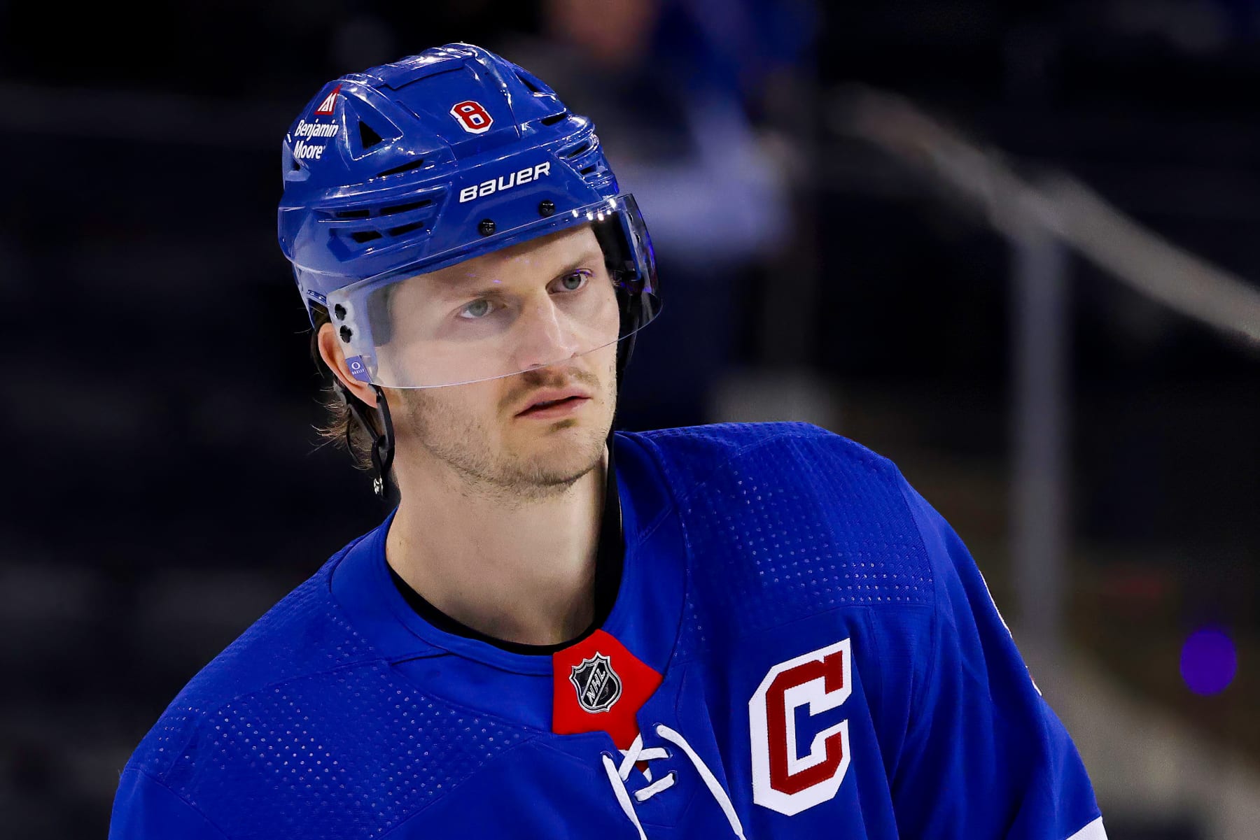 NEW YORK, NY - APRIL 11: New York Rangers Defenseman Jacob Trouba (8) is pictured prior to the National Hockey League game between the Philadelphia Flyers and the New York Rangers on April 11, 2024 at Madison Square Garden in New York, NY. (Photo by Joshua Sarner/Icon Sportswire via Getty Images)