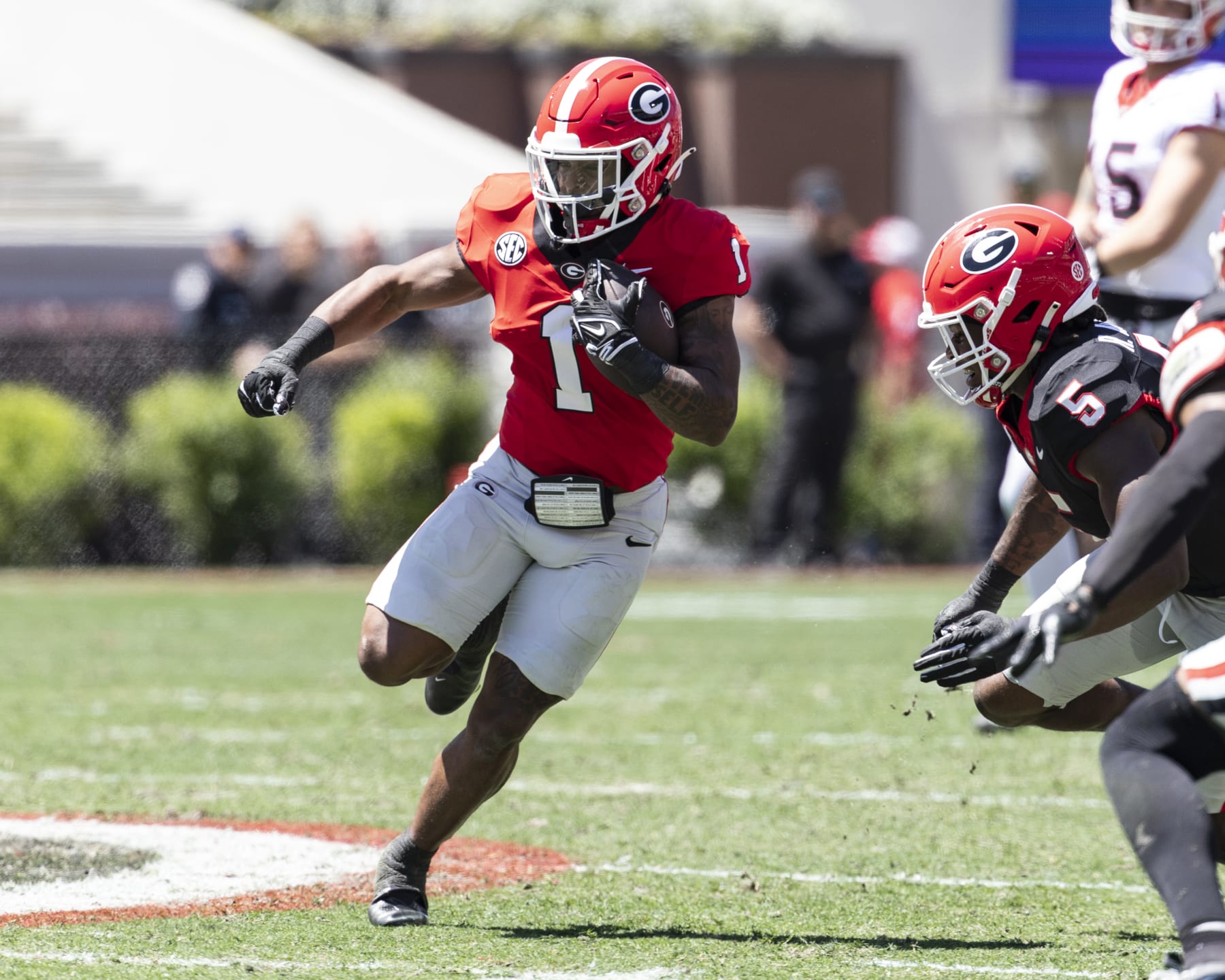 ATHENS, GA - APRIL 13: Trevor Etienne #1 of the Georgia Bulldogs runs with the ball during the University of Georgia Spring Game at Sanford Stadium on April 13, 2024 in Athens, Georgia. (Photo by Steve Limentani/ISI Photos/Getty Images)