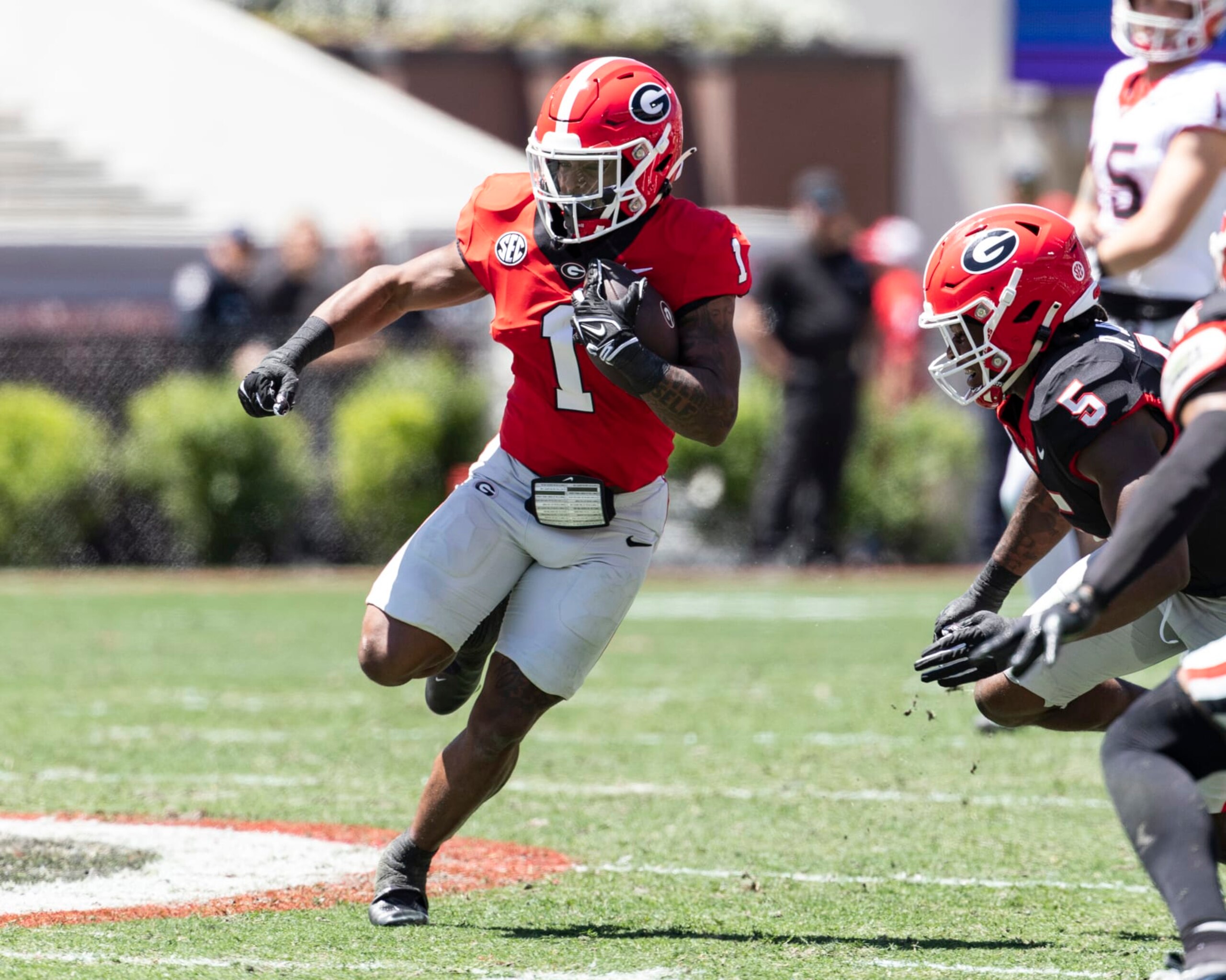 ATHENS, GA - APRIL 13: Trevor Etienne #1 of the Georgia Bulldogs runs with the ball during the University of Georgia Spring Game at Sanford Stadium on April 13, 2024 in Athens, Georgia. (Photo by Steve Limentani/ISI Photos/Getty Images)