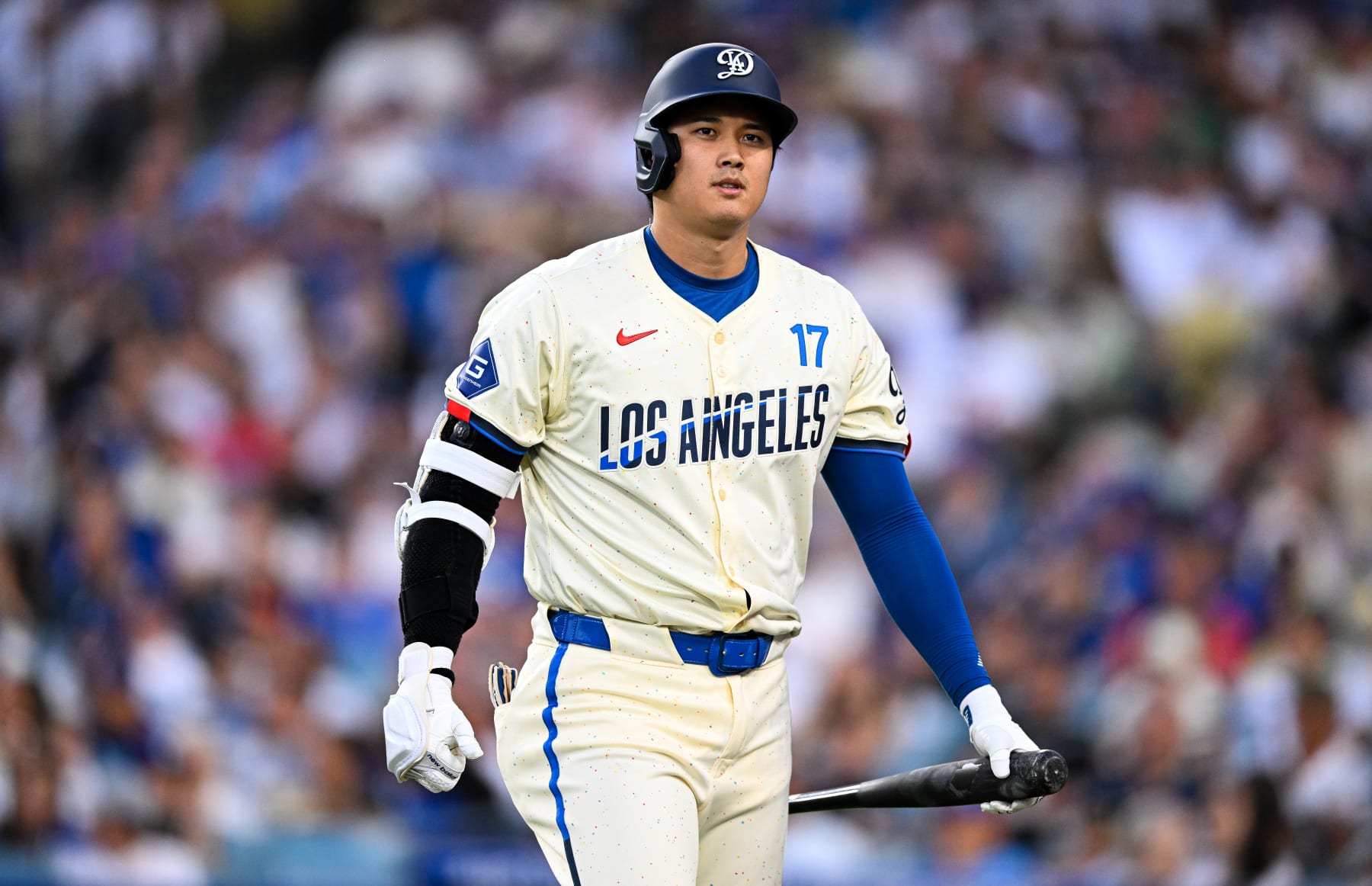 LOS ANGELES, CALIFORNIA - AUGUST 10: Shohei Ohtani #17 of Los Angeles Dodgers strikes out in the bottom of the fifth inning during the regular season game against the Pittsburgh Pirates / Los Angeles Dodgers at Dodger Stadium on August 10, 2024 in Los Angeles, California. (Photo by Gene Wang/Getty Images)