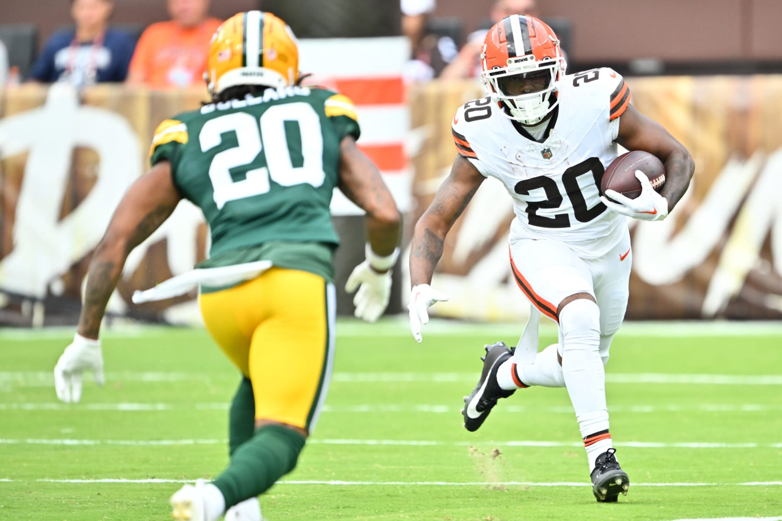 CLEVELAND, OHIO - AUGUST 10: Running back Pierre Strong Jr. #20 of the Cleveland Browns runs the ball during the first half against the Green Bay Packers at Cleveland Browns Stadium on August 10, 2024 in Cleveland, Ohio. (Photo by Jason Miller/Getty Images)