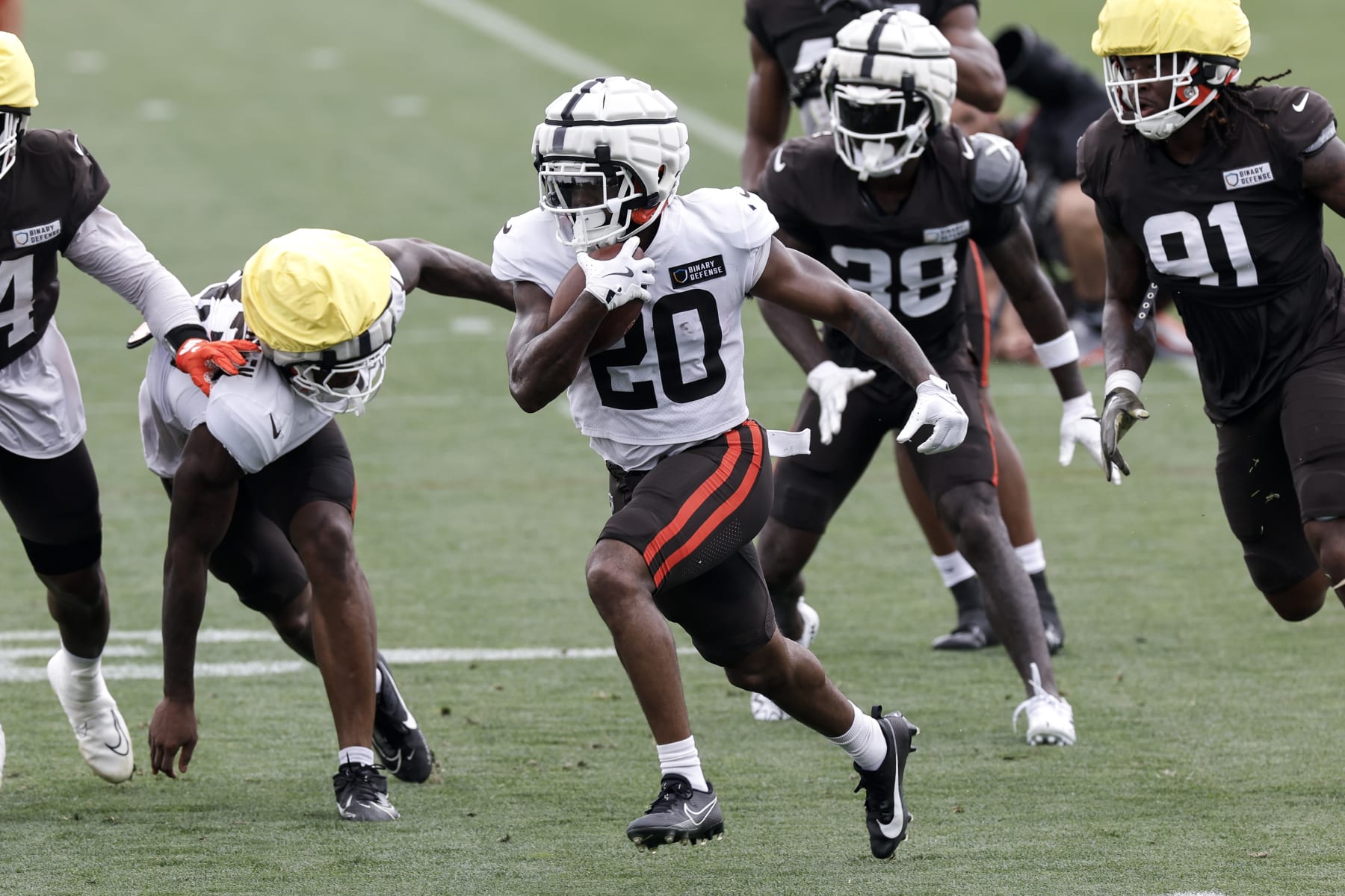 BEREA, OH - AUGUST 05: Running back Pierre Strong Jr. #20 of the Cleveland Browns practices drills during Training Camp at their CrossCountry Mortgage Campus on August 5, 2024 in Berea, Ohio. (Photo by Don Juan Moore/Getty Images)