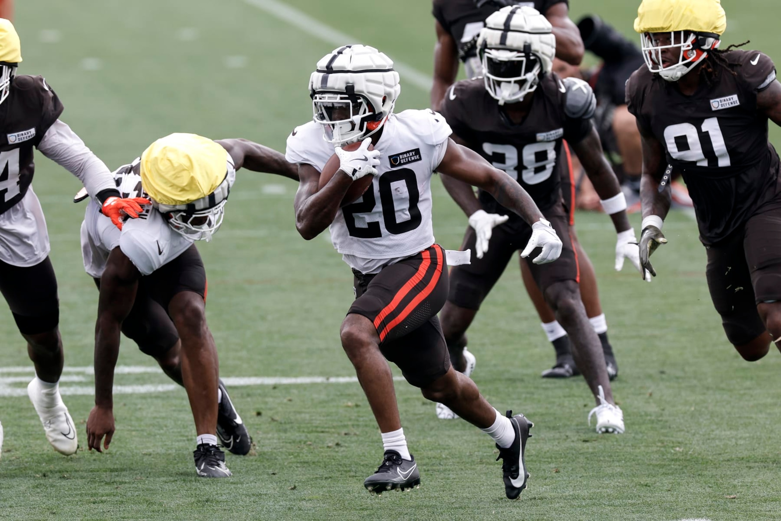 BEREA, OH - AUGUST 05: Running back Pierre Strong Jr. #20 of the Cleveland Browns practices drills during Training Camp at their CrossCountry Mortgage Campus on August 5, 2024 in Berea, Ohio. (Photo by Don Juan Moore/Getty Images)
