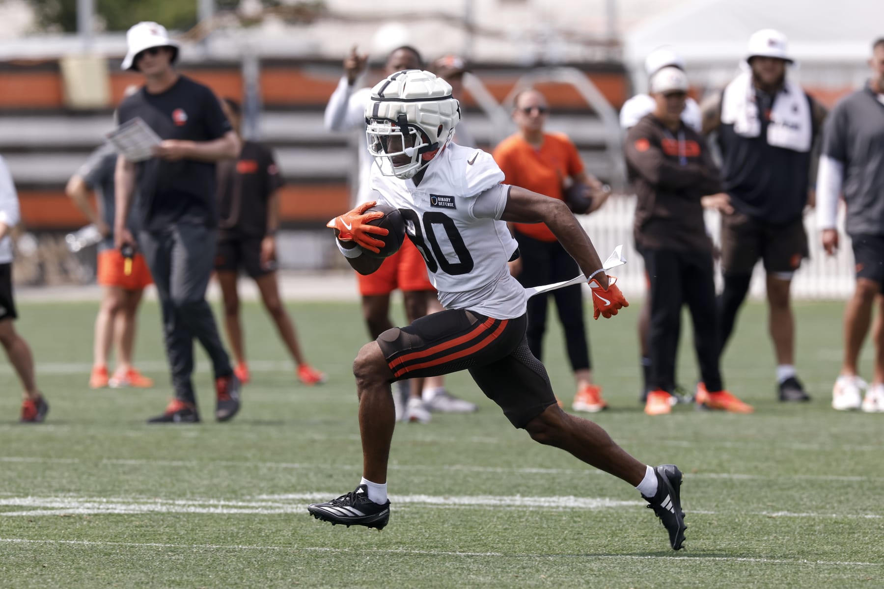 BEREA, OH - AUGUST 05: Wide Receiver Jamari Thrash #80 of the Cleveland Browns practices drills during Training Camp at their CrossCountry Mortgage Campus on August 5, 2024 in Berea, Ohio. (Photo by Don Juan Moore/Getty Images)