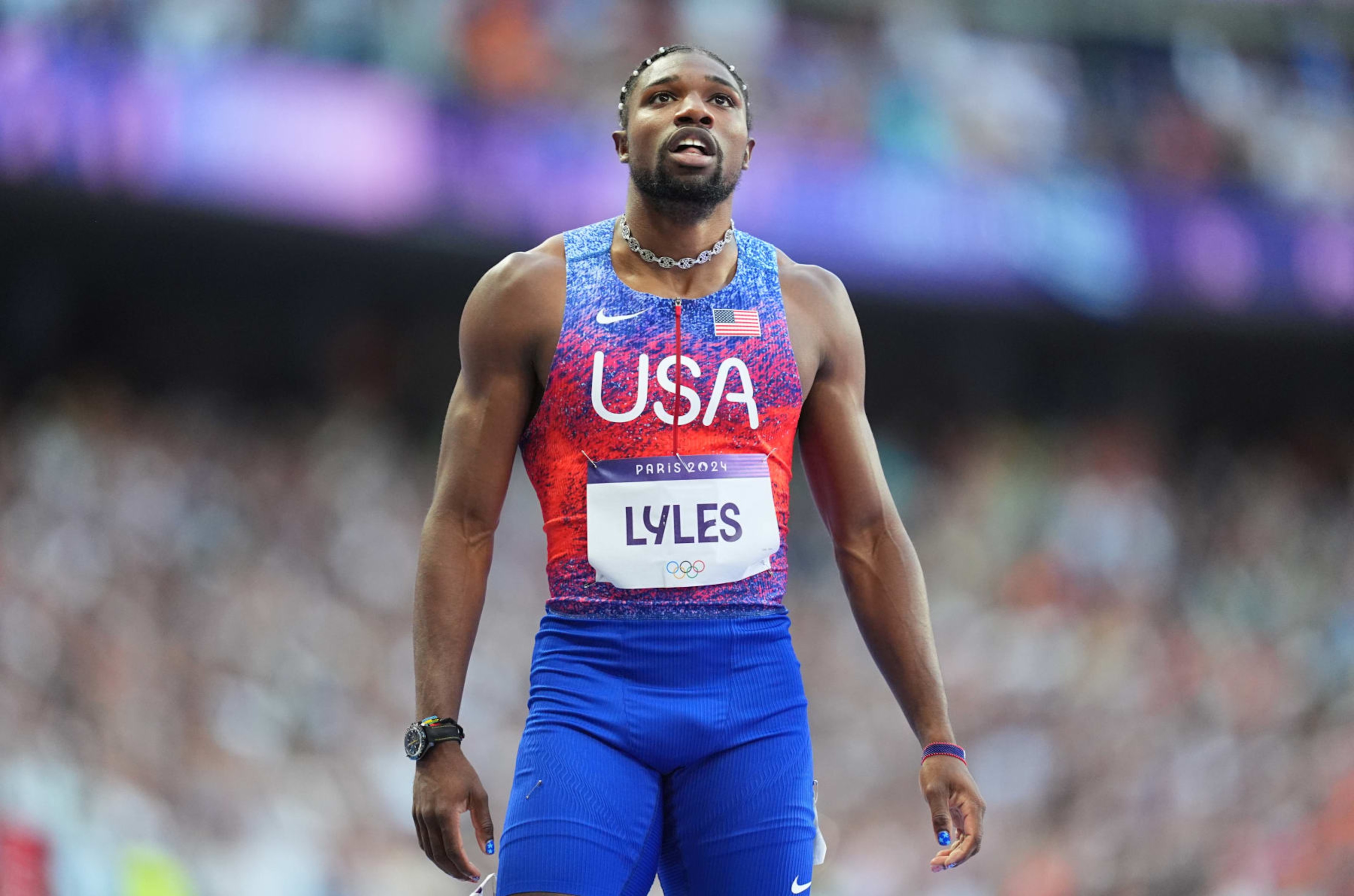 Noah Lyles of USA competes during the Men's Athletics 200m men's final on Day 13 of the Olympic Games Paris 2024 at Stade de France on August 8, 2024 in Saint-Denis, France. (Photo by Ulrik Pedersen/DeFodi Images via Getty Images)