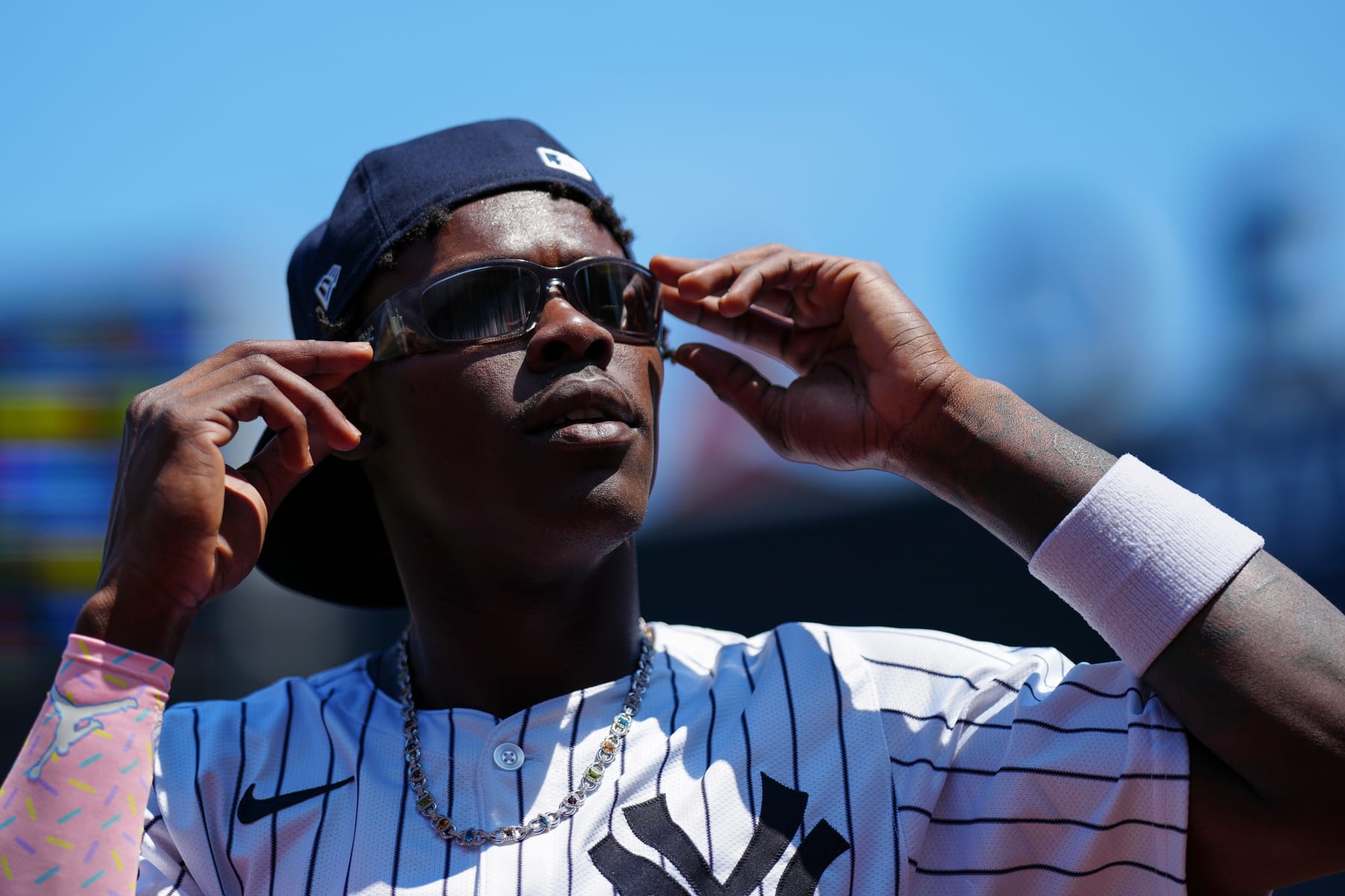 NEW YORK, NY - AUGUST 10: Jazz Chisholm Jr. #13 of the New York Yankees looks on prior to the game between the Texas Rangers and the New York Yankees at Yankee Stadium on Saturday, August 10, 2024 in New York, New York. (Photo by Daniel Shirey/MLB Photos via Getty Images)