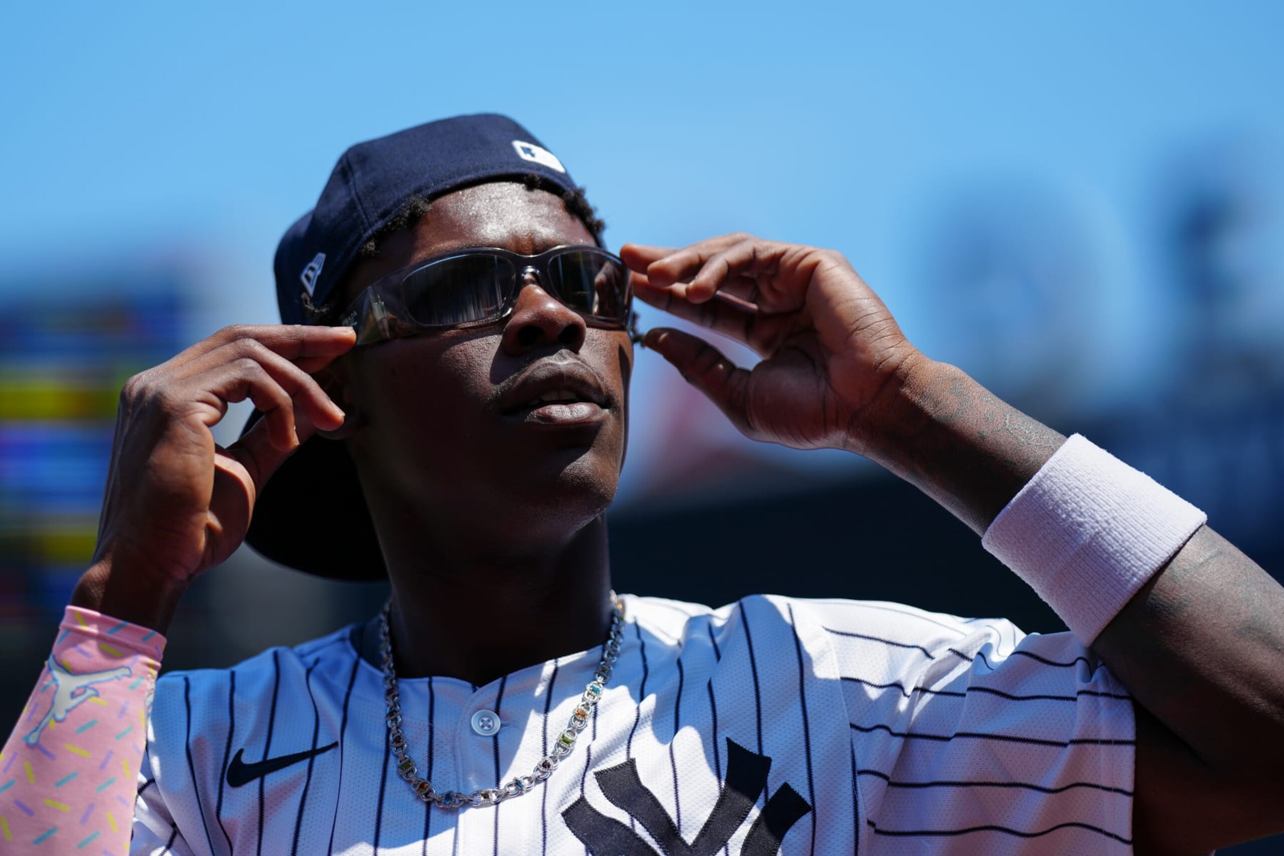 NEW YORK, NY - AUGUST 10: Jazz Chisholm Jr. #13 of the New York Yankees looks on prior to the game between the Texas Rangers and the New York Yankees at Yankee Stadium on Saturday, August 10, 2024 in New York, New York. (Photo by Daniel Shirey/MLB Photos via Getty Images)