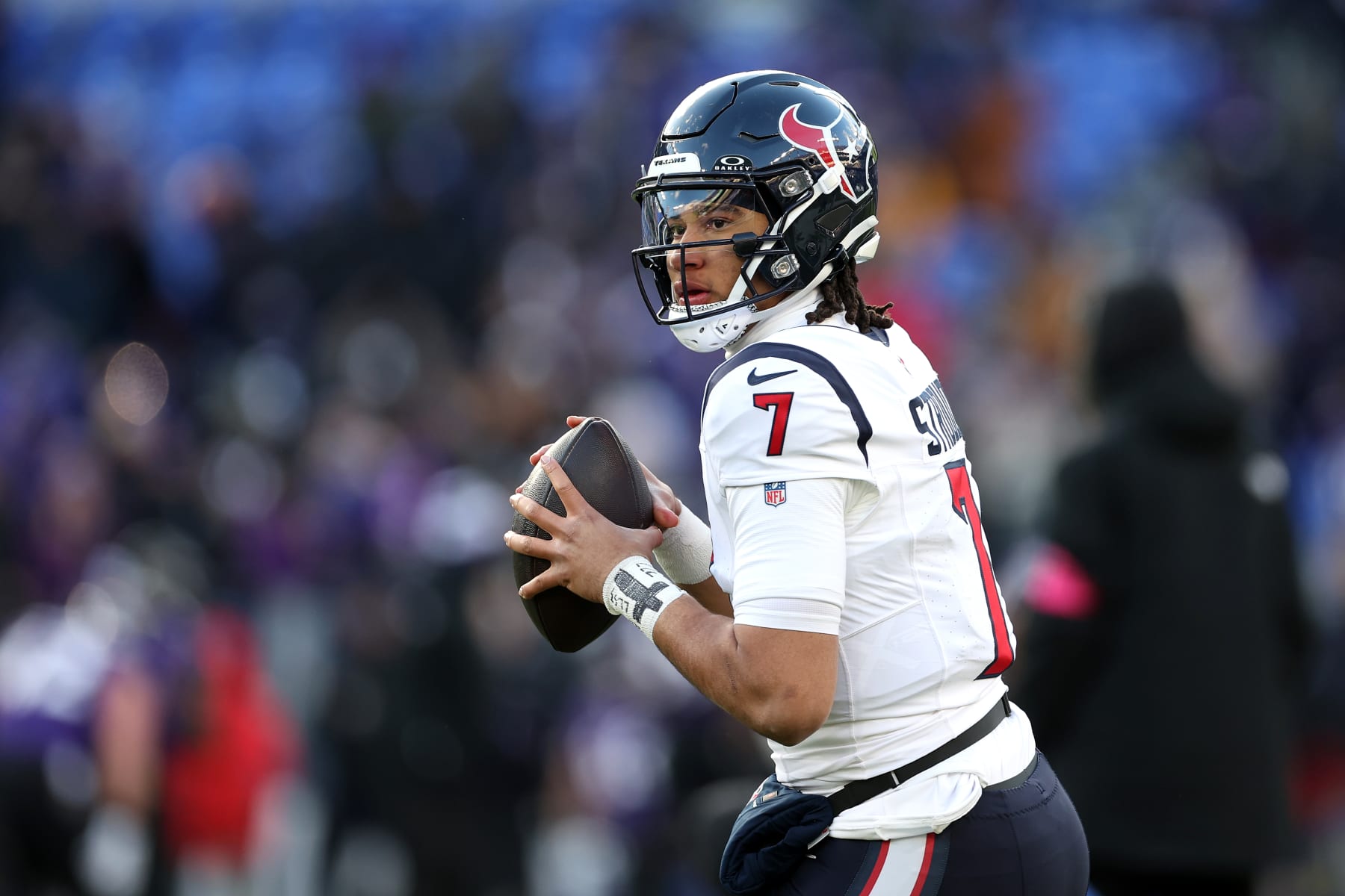 BALTIMORE, MARYLAND - JANUARY 20: Quarterback C.J. Stroud #7 of the Houston Texans warms up before the start of the Texans and Baltimore Ravens AFC Divisional Playoff game at M&T Bank Stadium on January 20, 2024 in Baltimore, Maryland. (Photo by Rob Carr/Getty Images)