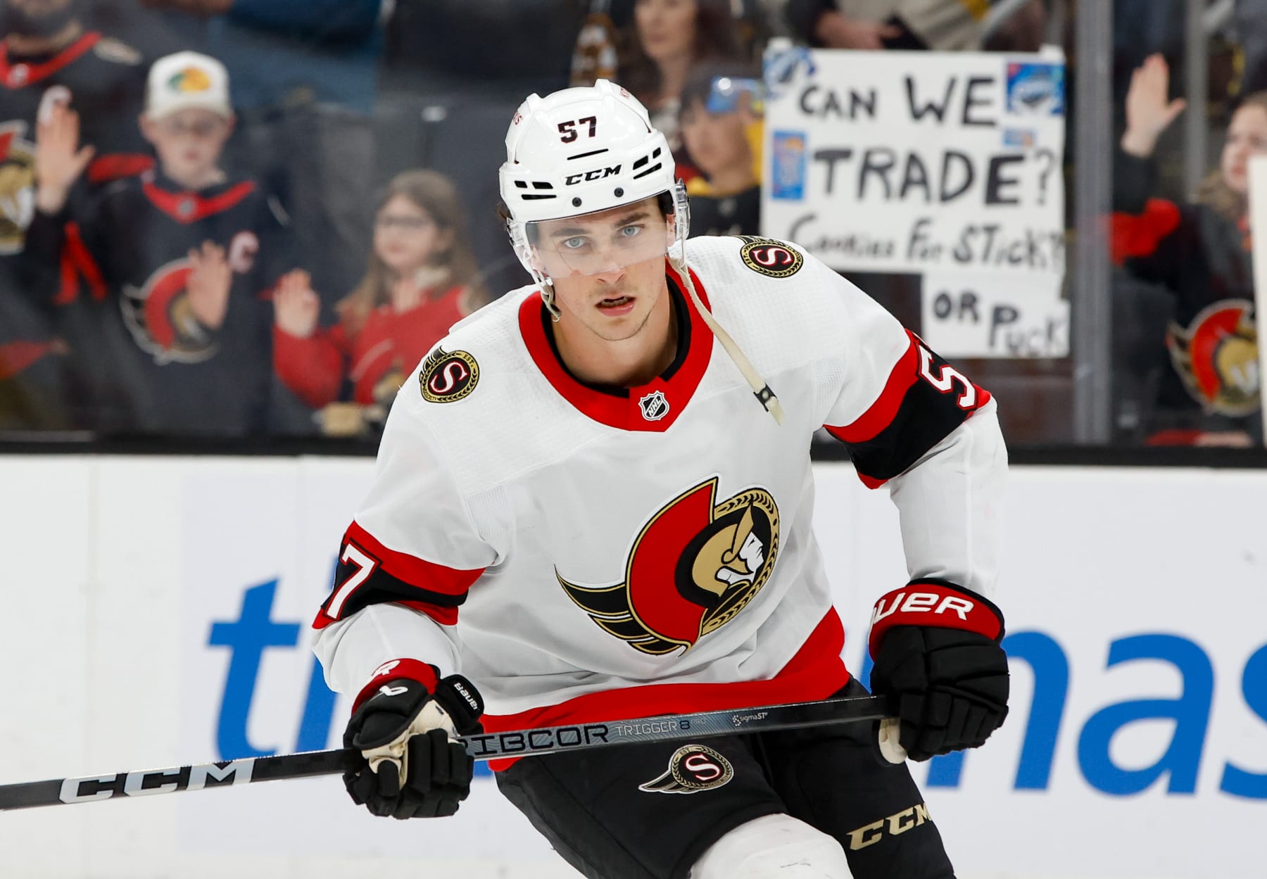 BOSTON, MASSACHUSETTS - APRIL 16: Shane Pinto #57 of the Ottawa Senators warms up prior to a game against the Boston Bruins at the TD Garden on April 16, 2024 in Boston, Massachusetts. (Photo by Richard T Gagnon/Getty Images)