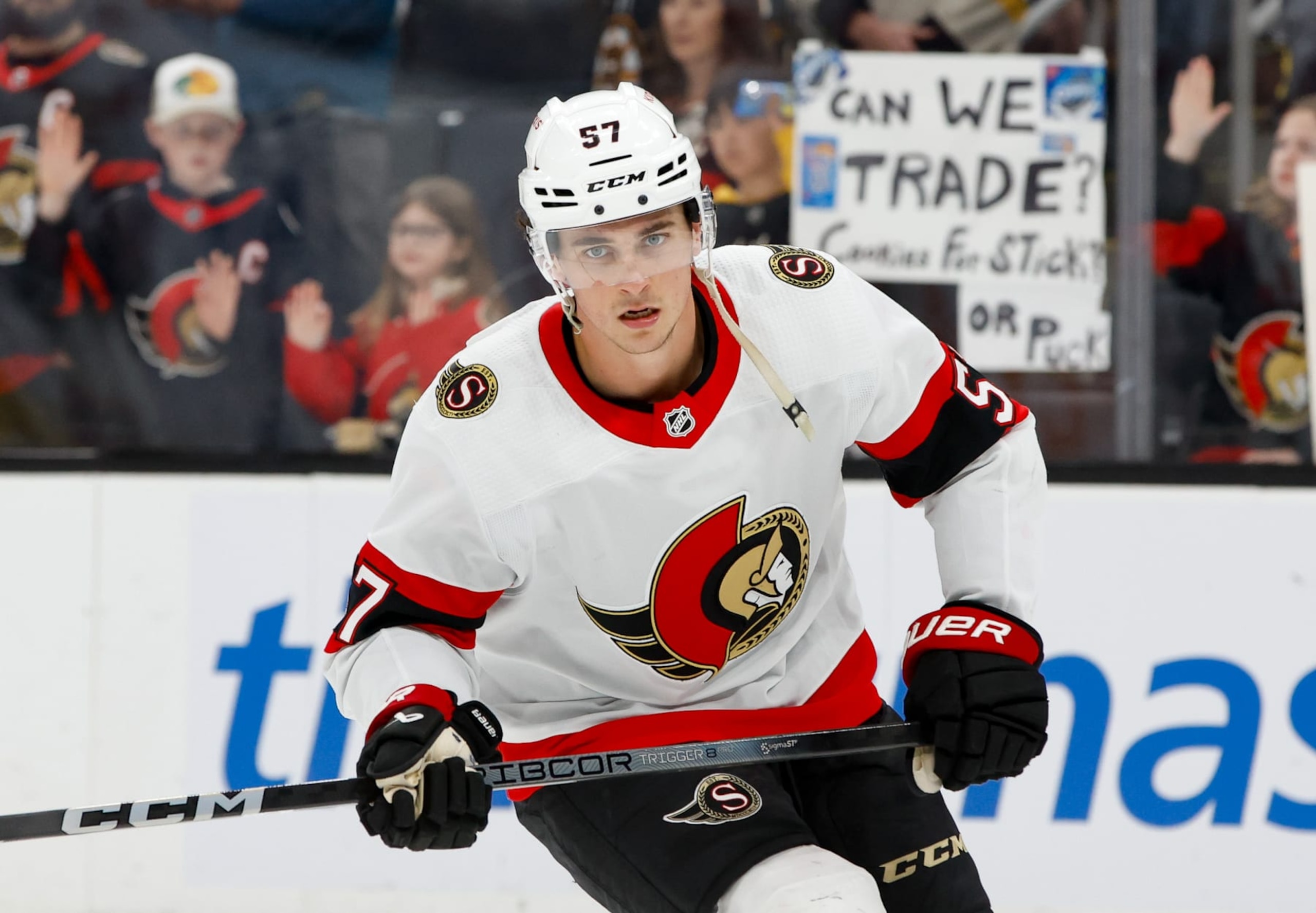 BOSTON, MASSACHUSETTS - APRIL 16: Shane Pinto #57 of the Ottawa Senators warms up prior to a game against the Boston Bruins at the TD Garden on April 16, 2024 in Boston, Massachusetts. (Photo by Richard T Gagnon/Getty Images)