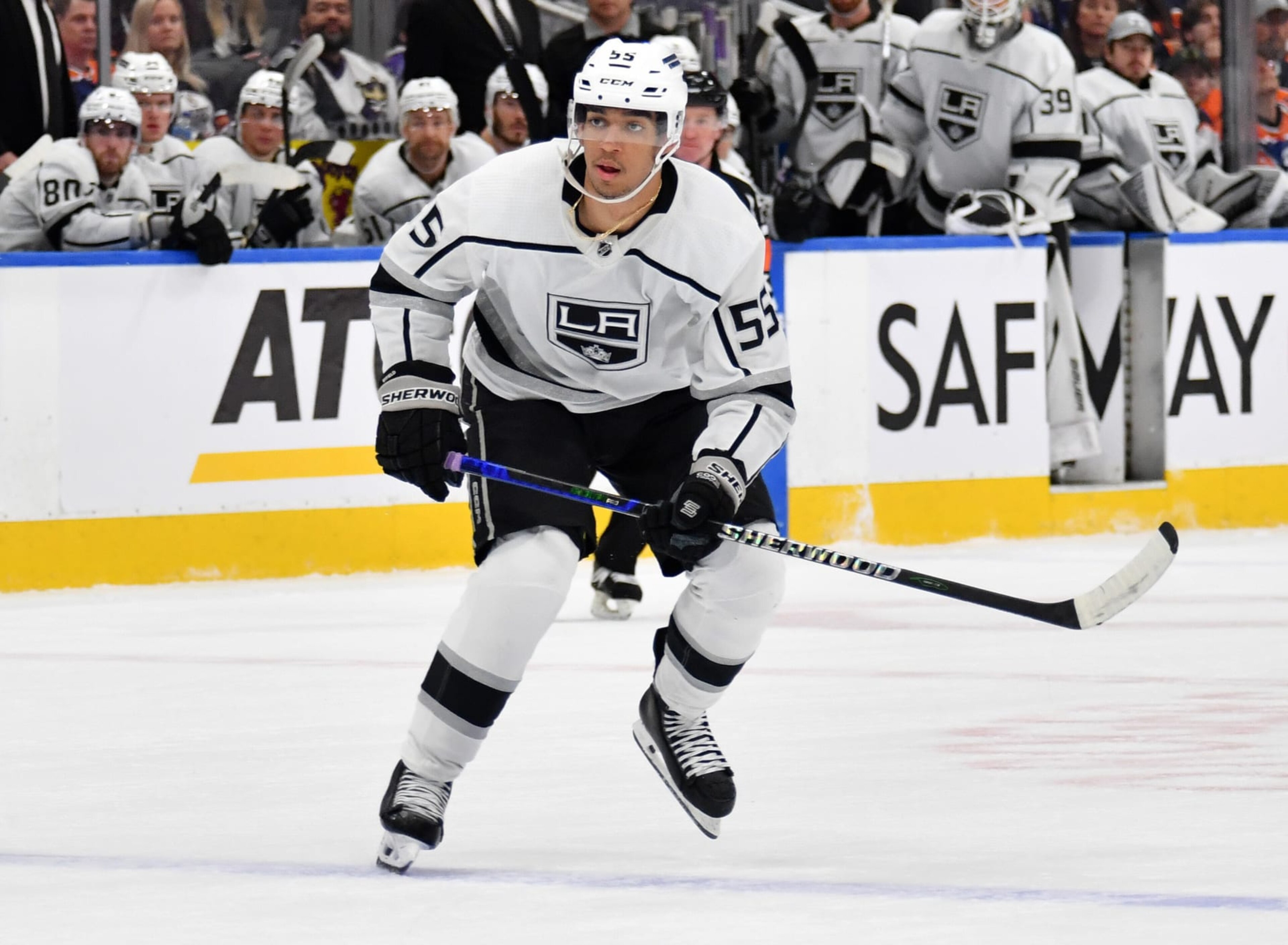 EDMONTON, CANADA - MARCH 28: Quinton Byfield #55 of the Los Angeles Kings in action during the game against the Edmonton Oilers at Rogers Place on March 28, 2024, in Edmonton, Alberta, Canada. (Photo by Andy Devlin/NHLI via Getty Images)