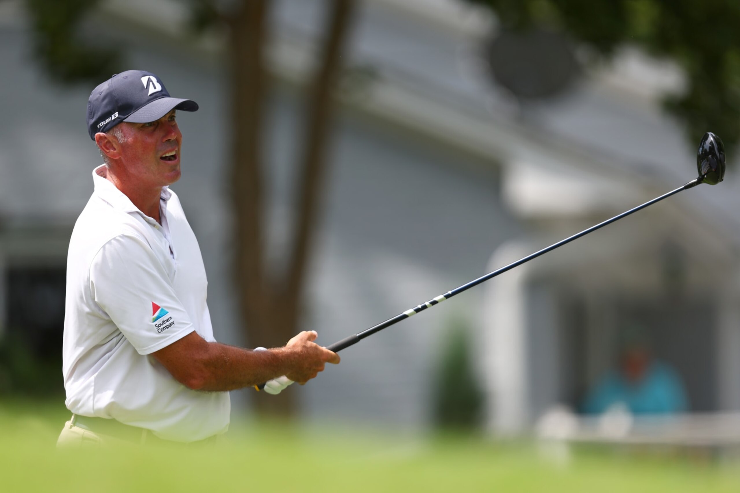 GREENSBORO, NORTH CAROLINA - AUGUST 11: Matt Kuchar of the United States plays his shot from the eighth tee during the third round of the Wyndham Championship at Sedgefield Country Club on August 11, 2024 in Greensboro, North Carolina. (Photo by David Jensen/Getty Images)