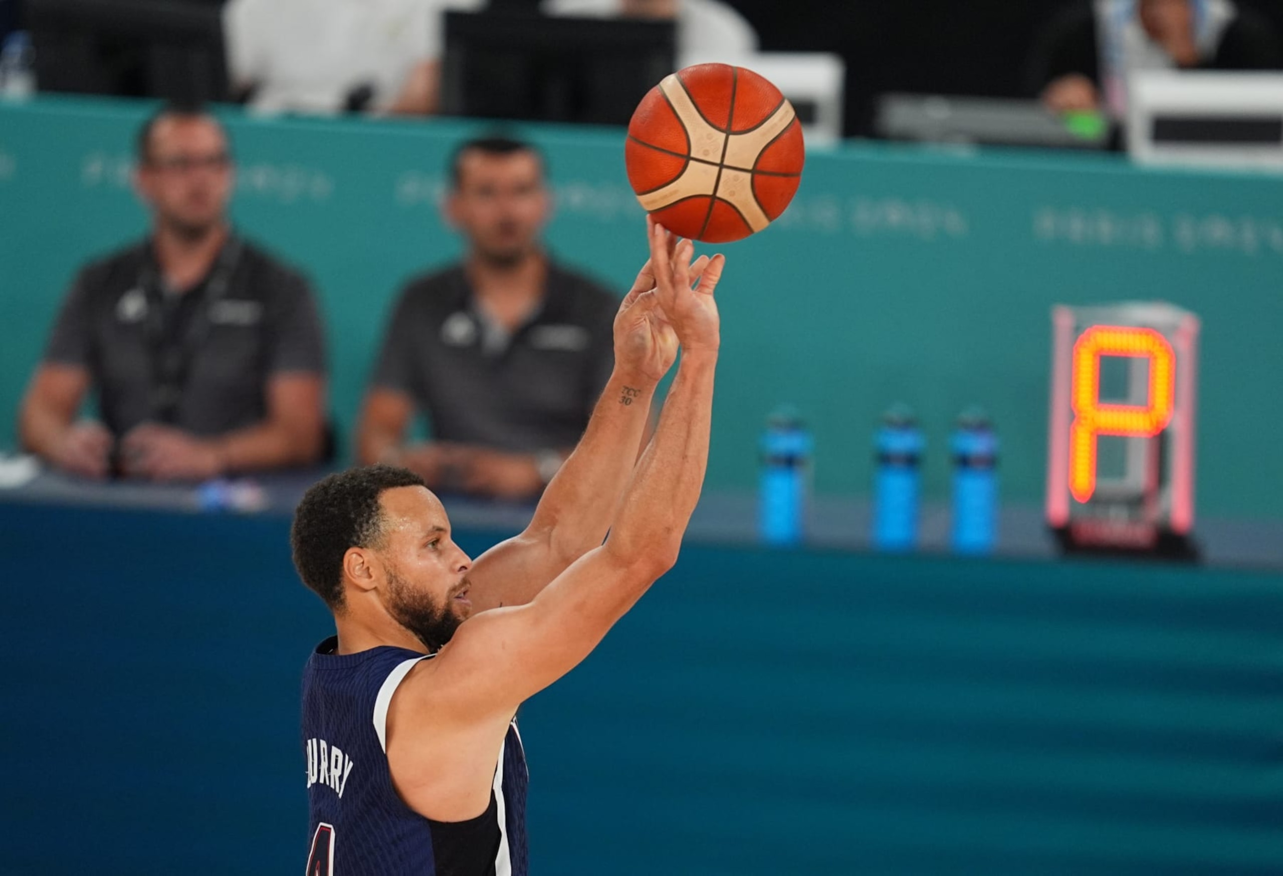 Stephen Curry of USA in action during Men's basketball Final between France and United States on Day 15 of the Olympic Games Paris 2024 at Bercy Arena on August 10, 2024 in Paris, France. (Photo by Ulrik Pedersen/DeFodi Images via Getty Images)