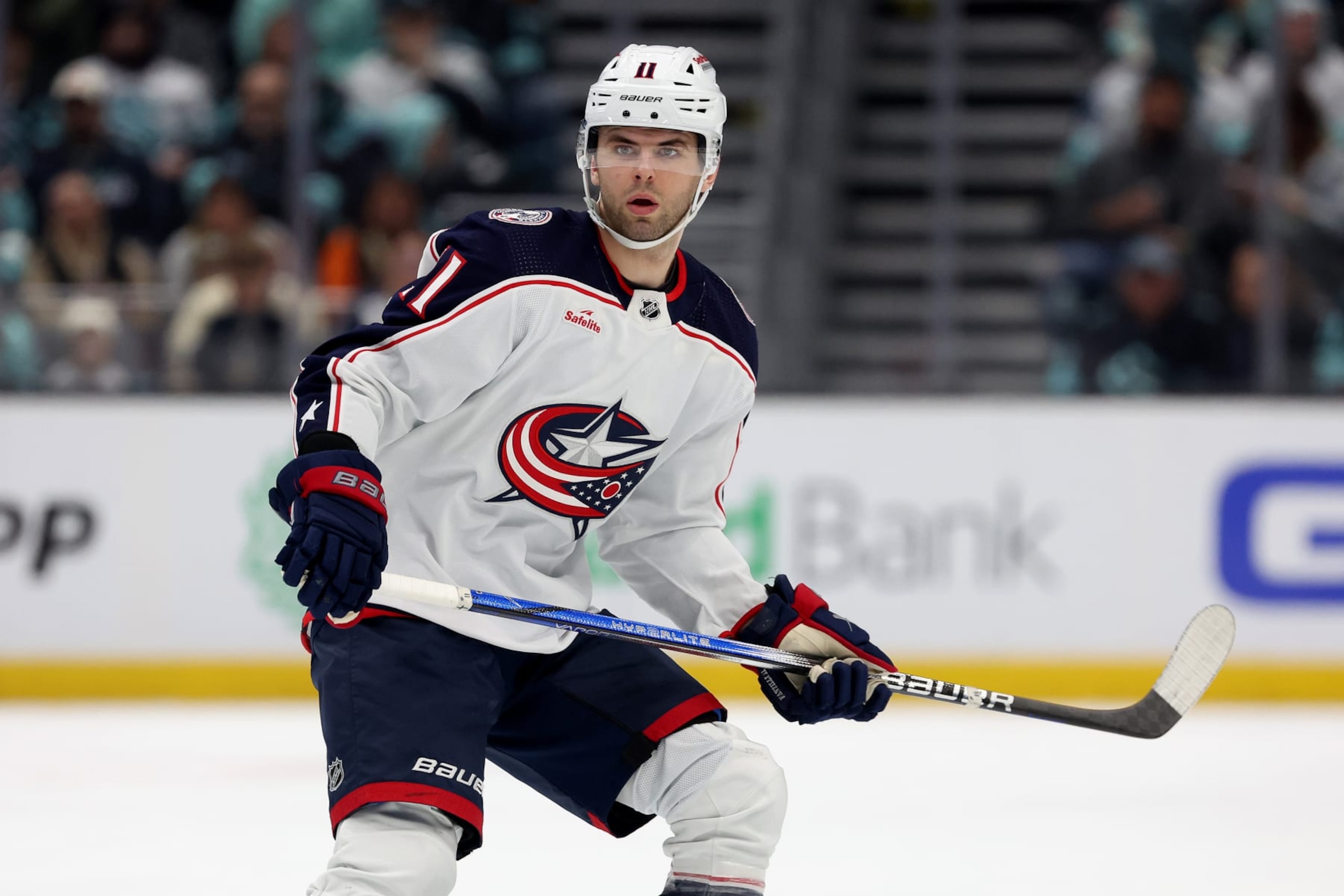SEATTLE, WASHINGTON - JANUARY 28: Adam Fantilli #11 of the Columbus Blue Jackets skates against the Seattle Kraken during the first period at Climate Pledge Arena on January 28, 2024 in Seattle, Washington. (Photo by Steph Chambers/Getty Images)