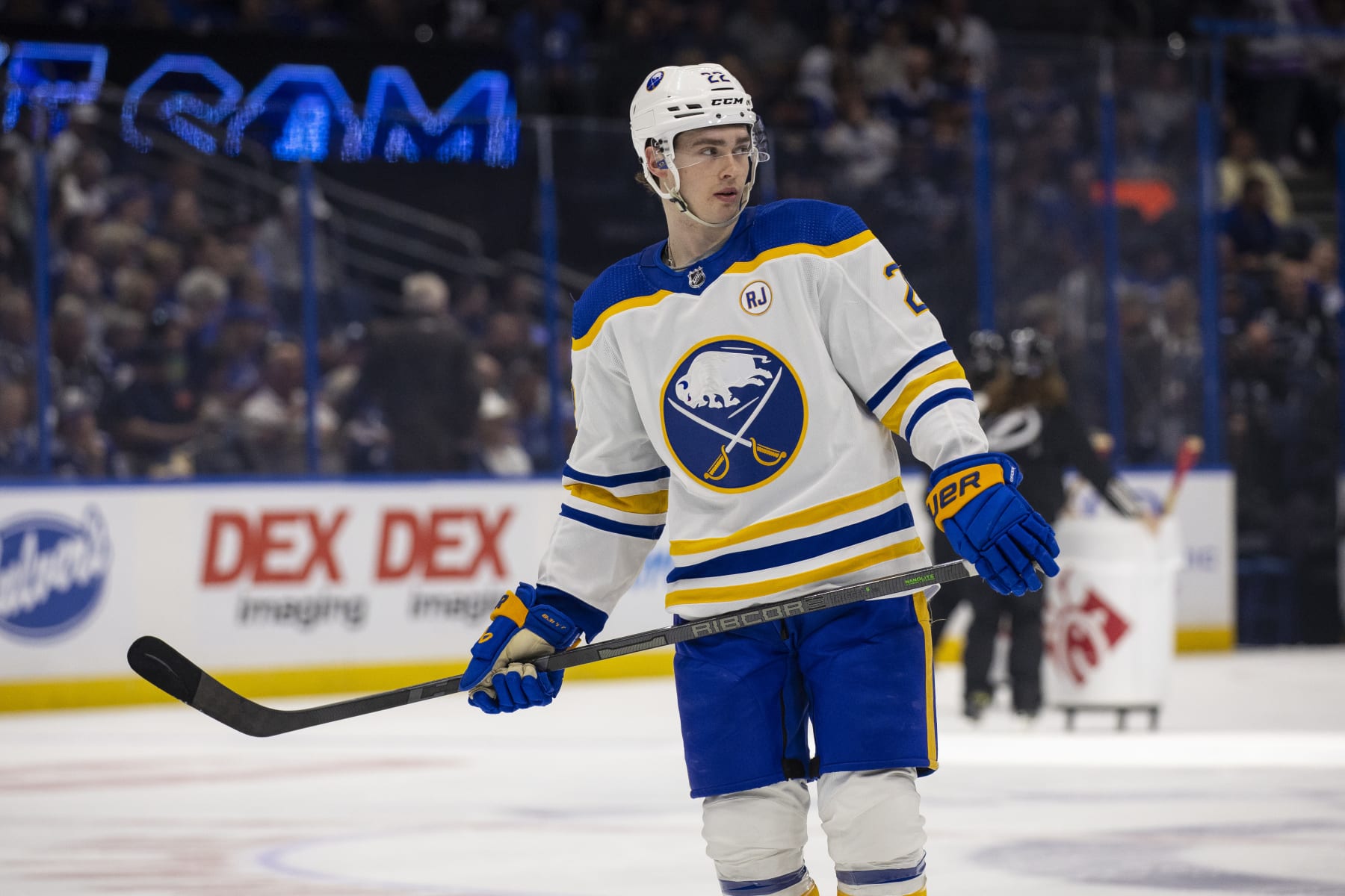 TAMPA, FL - APRIL 15: Jack Quinn #22 of the Buffalo Sabres against the Tampa Bay Lightning during the first period at Amalie Arena on April 15, 2024 in Tampa, Florida. (Photo by Mark LoMoglio/NHLI via Getty Images)