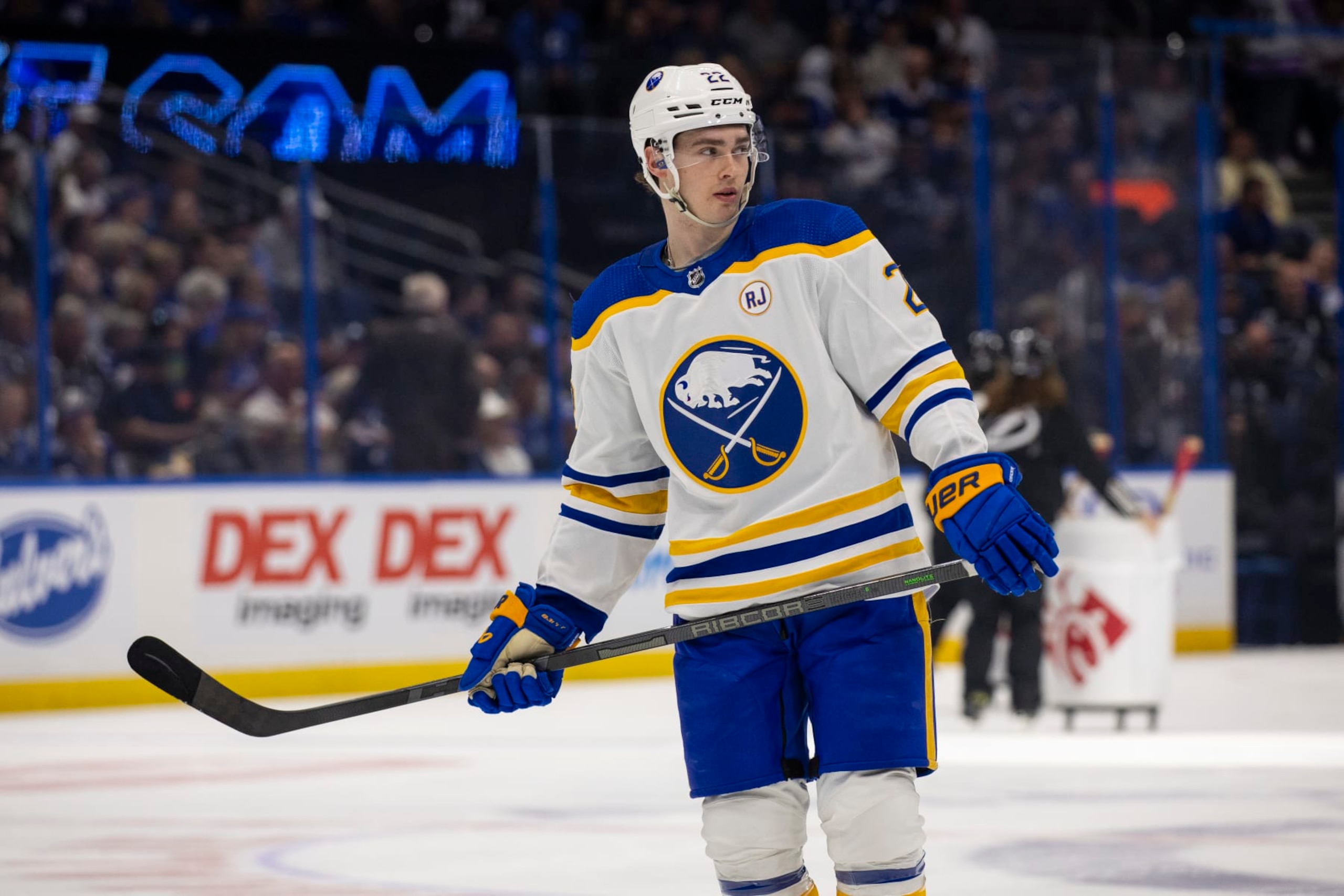 TAMPA, FL - APRIL 15: Jack Quinn #22 of the Buffalo Sabres against the Tampa Bay Lightning during the first period at Amalie Arena on April 15, 2024 in Tampa, Florida. (Photo by Mark LoMoglio/NHLI via Getty Images)