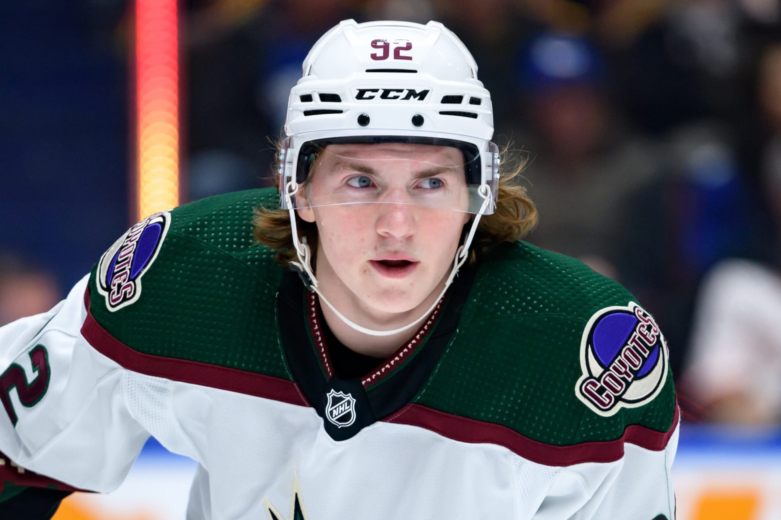 VANCOUVER, CANADA - APRIL 10: Logan Cooley #92 of the Arizona Coyotes waits for a face-off during the first period of the NHL game against the Vancouver Canucks at Rogers Arena on April 10, 2024 in Vancouver, British Columbia, Canada. (Photo by Derek Cain/Getty Images)