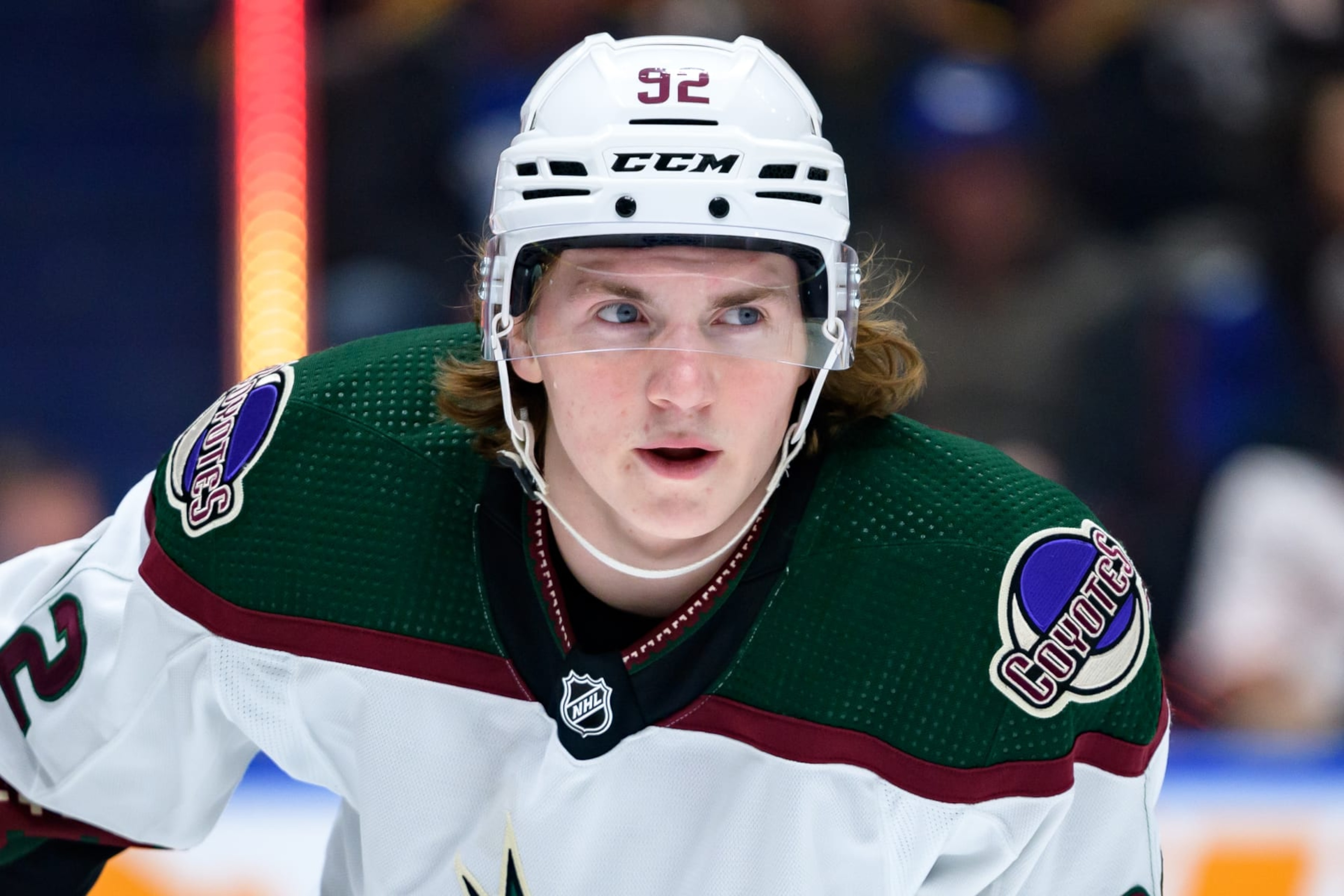 VANCOUVER, CANADA - APRIL 10: Logan Cooley #92 of the Arizona Coyotes waits for a face-off during the first period of the NHL game against the Vancouver Canucks at Rogers Arena on April 10, 2024 in Vancouver, British Columbia, Canada. (Photo by Derek Cain/Getty Images)