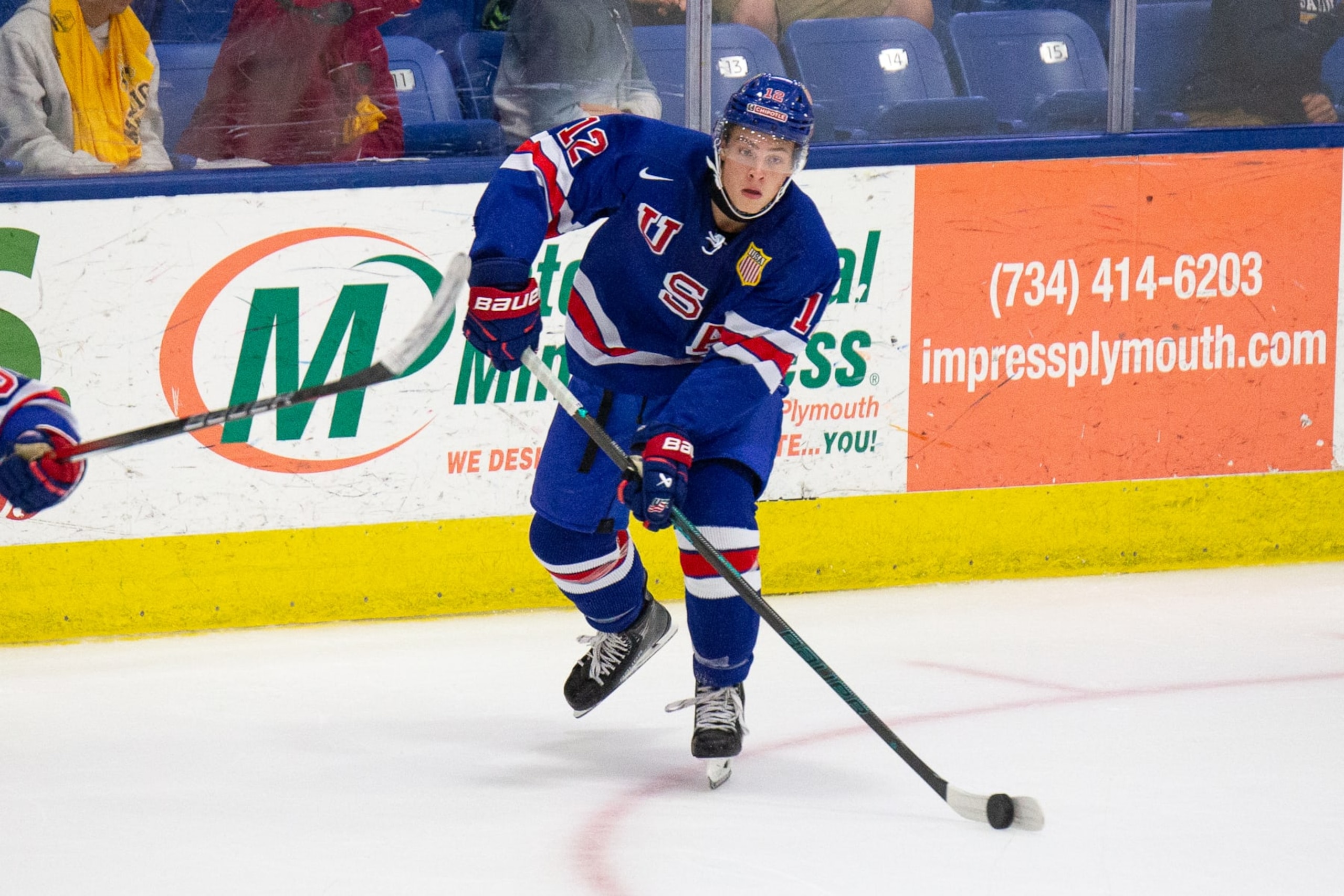 James Hagens playing for Team USA at the 2024 World Junior Summer Showcase. James Hagens playing for Team USA at the 2024 World Junior Summer Showcase.