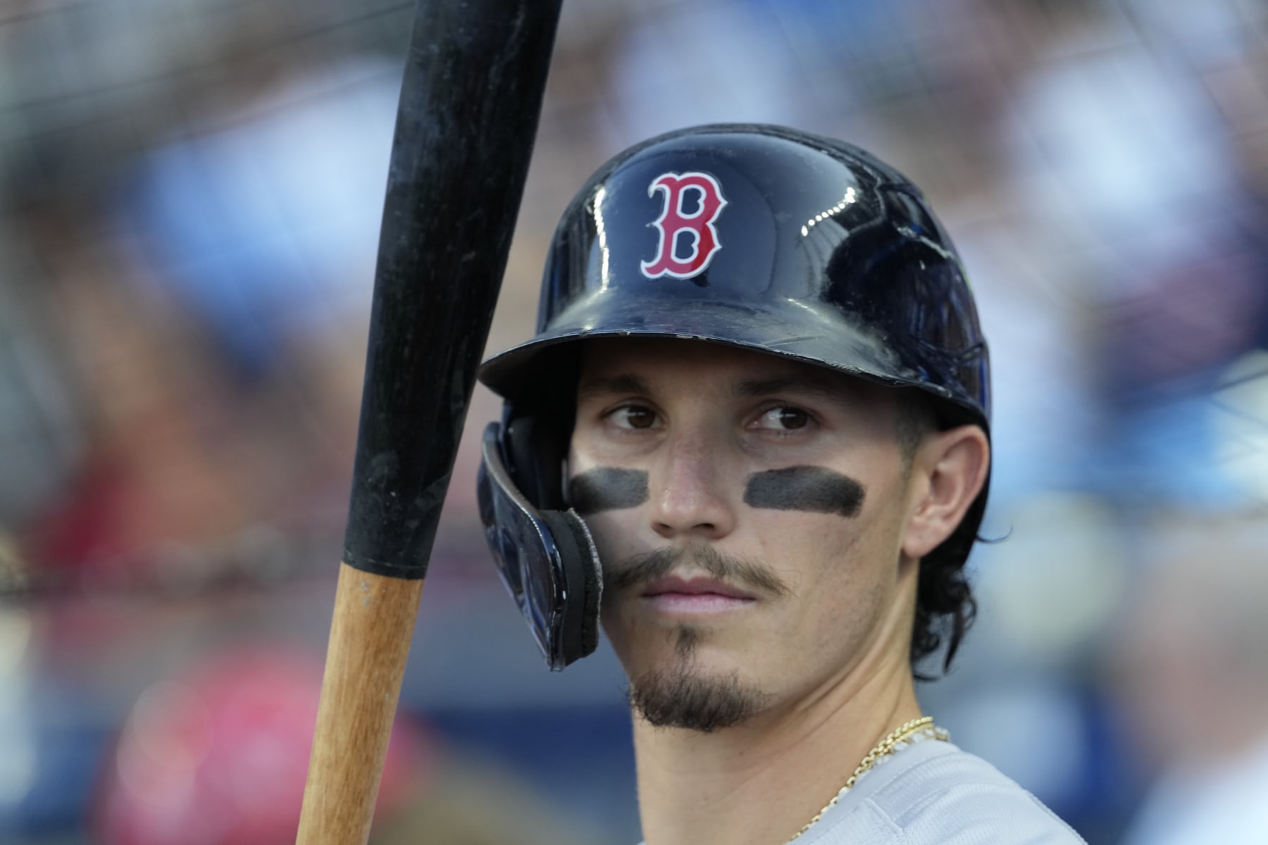 KANSAS CITY, MISSOURI - AUGUST 05:  Jarren Duran #16 of the Boston Red Sox prepares to bat against the Kansas City Royals at Kauffman Stadium on August 05, 2024 in Kansas City, Missouri. (Photo by Ed Zurga/Getty Images)
