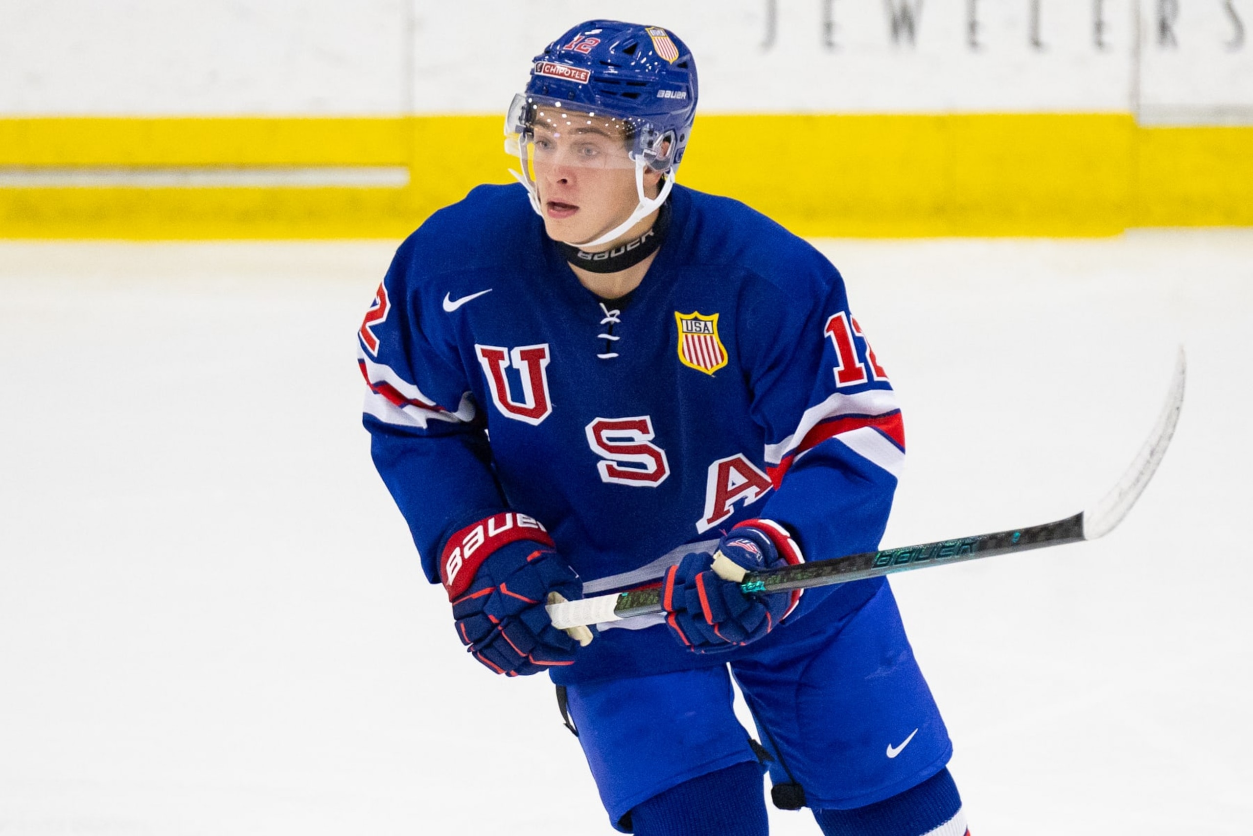 PLYMOUTH, MI - AUGUST 3: James Hagens #12 of Team USA skates away from the puck during the 2024 World Junior Summer Showcase between Canada and USA at USA Hockey Arena on August 3, 2024 in Plymouth, Michigan. (Photo by Michael Miller/ISI Photos/Getty Images) PLYMOUTH, MI - AUGUST 3: James Hagens #12 of Team USA skates away from the puck during the 2024 World Junior Summer Showcase between Canada and USA at USA Hockey Arena on August 3, 2024 in Plymouth, Michigan. (Photo by Michael Miller/ISI Photos/Getty Images)