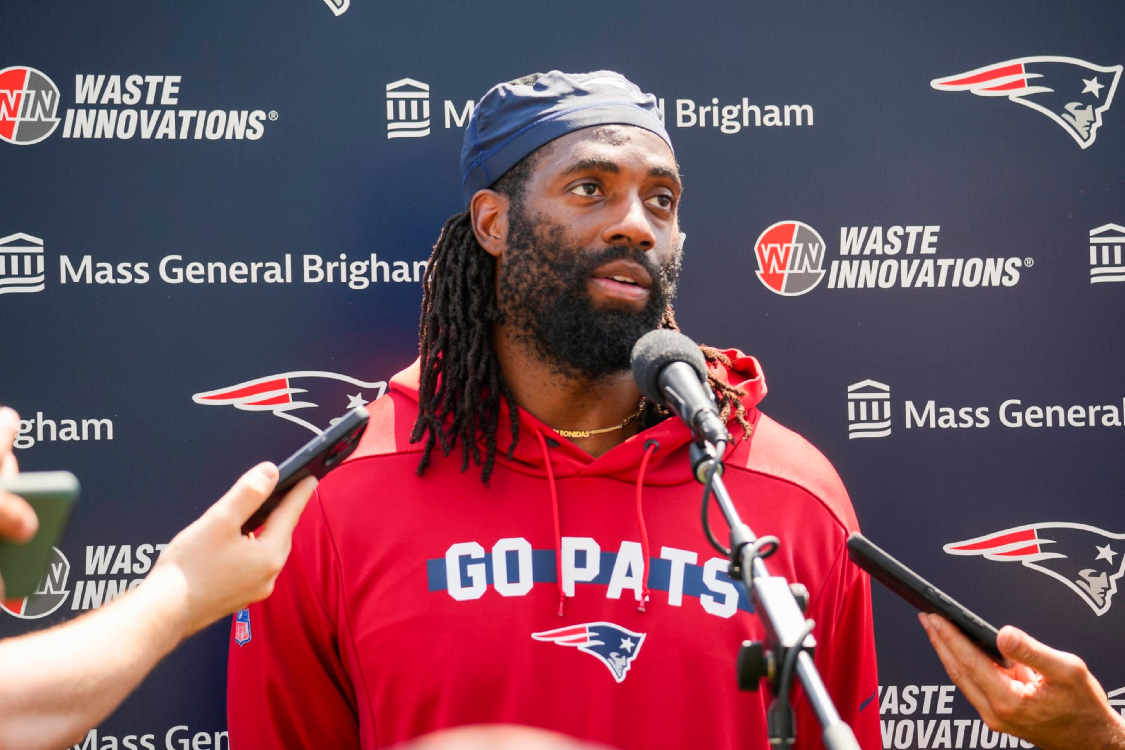 Foxborough, MA - August 5: New England Patriots LB Matthew Judon talks with the media. (Photo by Kayla Bartkowski/The Boston Globe via Getty Images) Foxborough, MA - August 5: New England Patriots LB Matthew Judon talks with the media. (Photo by Kayla Bartkowski/The Boston Globe via Getty Images)