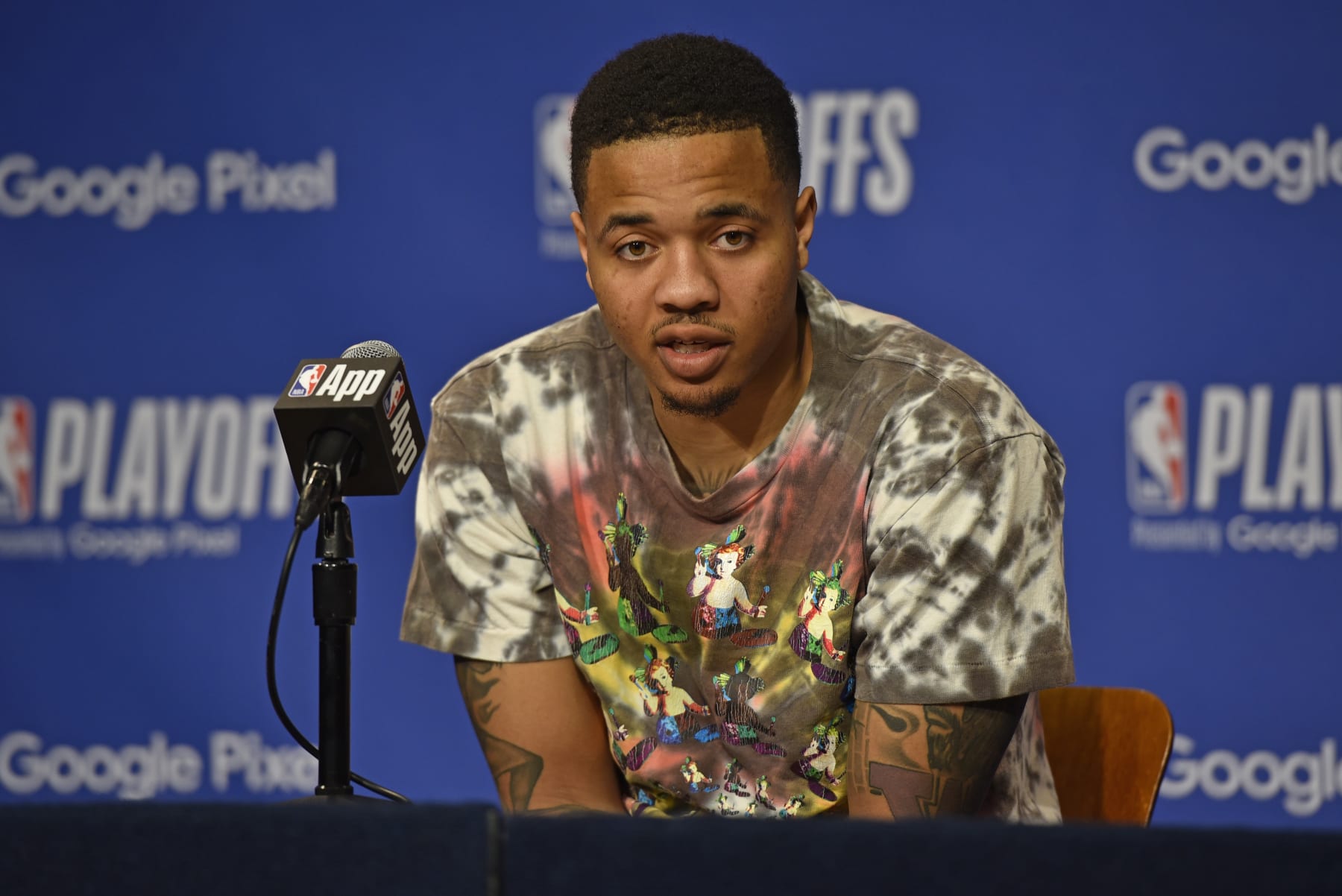 ORLANDO, FL - APRIL 27: Markelle Fultz #20 of the Orlando Magic talks to the media during the postgame press conference after the game against the Cleveland Cavaliers during Round 1 Game 4 of the 2024 NBA Playoffs on April 27, 2024 at the Kia Center in Orlando, Florida. NOTE TO USER: User expressly acknowledges and agrees that, by downloading and or using this photograph, User is consenting to the terms and conditions of the Getty Images License Agreement. Mandatory Copyright Notice: Copyright 2024 NBAE (Photo by Fernando Medina/NBAE via Getty Images)