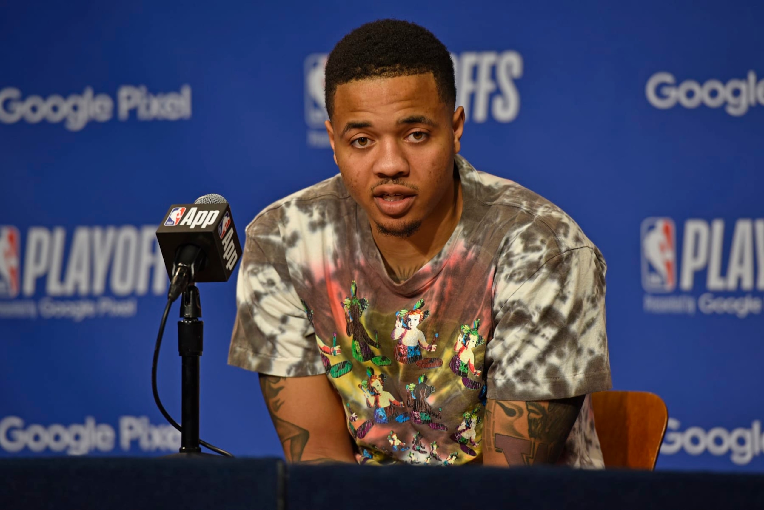 ORLANDO, FL - APRIL 27: Markelle Fultz #20 of the Orlando Magic talks to the media during the postgame press conference after the game against the Cleveland Cavaliers during Round 1 Game 4 of the 2024 NBA Playoffs on April 27, 2024 at the Kia Center in Orlando, Florida. NOTE TO USER: User expressly acknowledges and agrees that, by downloading and or using this photograph, User is consenting to the terms and conditions of the Getty Images License Agreement. Mandatory Copyright Notice: Copyright 2024 NBAE (Photo by Fernando Medina/NBAE via Getty Images)