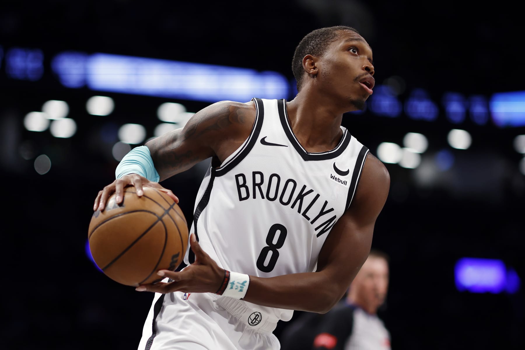 NEW YORK, NEW YORK - MARCH 19: Lonnie Walker IV #8 of the Brooklyn Nets dribbles during the second half against the New Orleans Pelicans at Barclays Center on March 19, 2024 in the Brooklyn borough of New York City. NOTE TO USER: User expressly acknowledges and agrees that, by downloading and/or using this Photograph, user is consenting to the terms and conditions of the Getty Images License Agreement. (Photo by Sarah Stier/Getty Images)