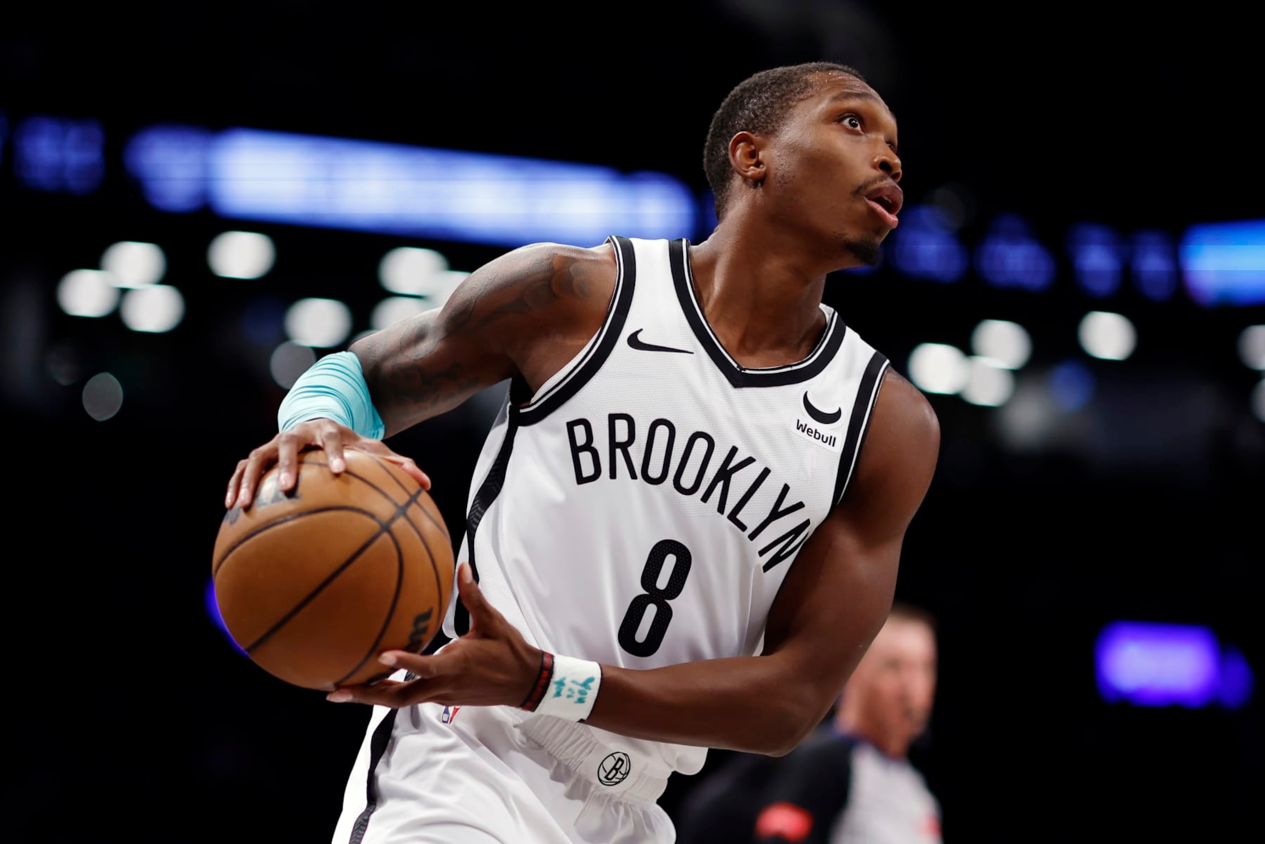 NEW YORK, NEW YORK - MARCH 19: Lonnie Walker IV #8 of the Brooklyn Nets dribbles during the second half against the New Orleans Pelicans at Barclays Center on March 19, 2024 in the Brooklyn borough of New York City. NOTE TO USER: User expressly acknowledges and agrees that, by downloading and/or using this Photograph, user is consenting to the terms and conditions of the Getty Images License Agreement. (Photo by Sarah Stier/Getty Images)