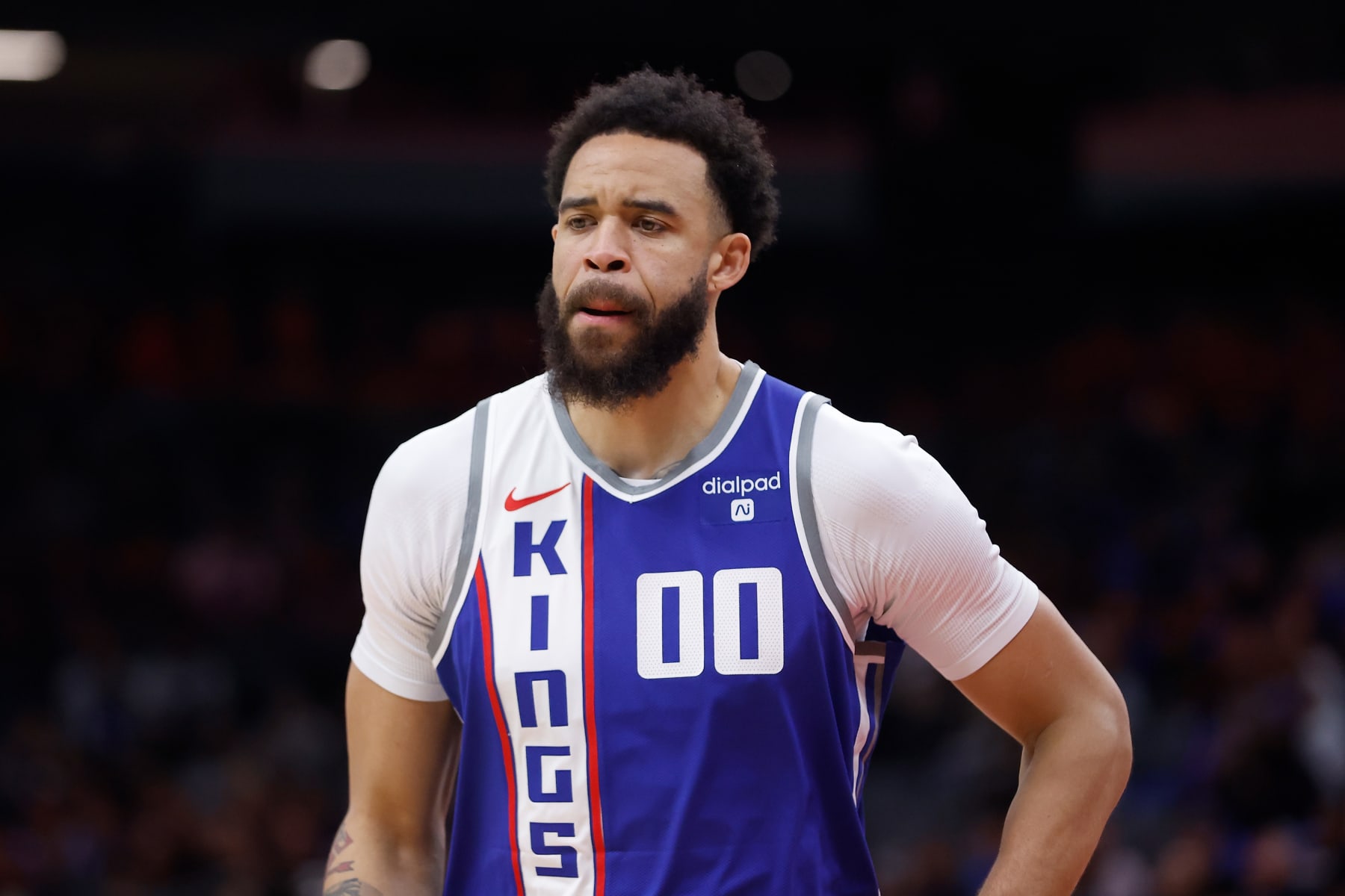 SACRAMENTO, CALIFORNIA - APRIL 14: JaVale McGee #00 of the Sacramento Kings looks on against the Portland Trail Blazers at Golden 1 Center on April 14, 2024 in Sacramento, California. NOTE TO USER: User expressly acknowledges and agrees that, by downloading and or using this photograph, User is consenting to the terms and conditions of the Getty Images License Agreement. (Photo by Lachlan Cunningham/Getty Images)
