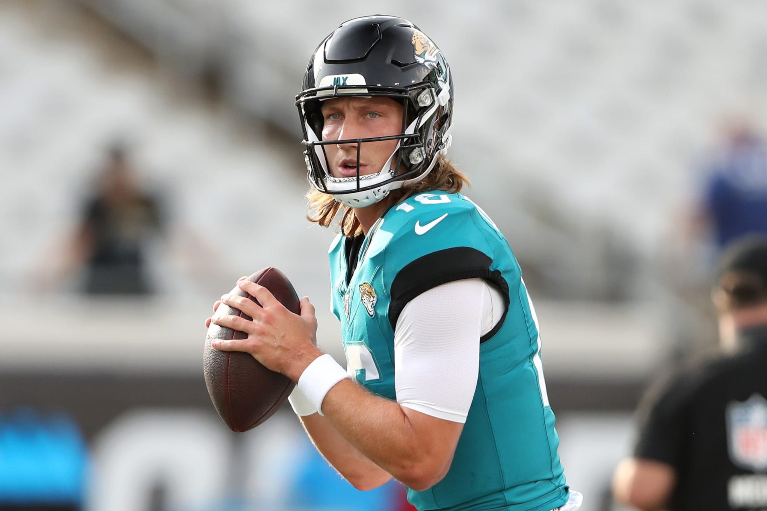 JACKSONVILLE, FLORIDA - AUGUST 10: Trevor Lawrence #16 of the Jacksonville Jaguars warms up before a preseason game against the Kansas City Chiefs at EverBank Stadium on August 10, 2024 in Jacksonville, Florida. (Photo by Courtney Culbreath/Getty Images)