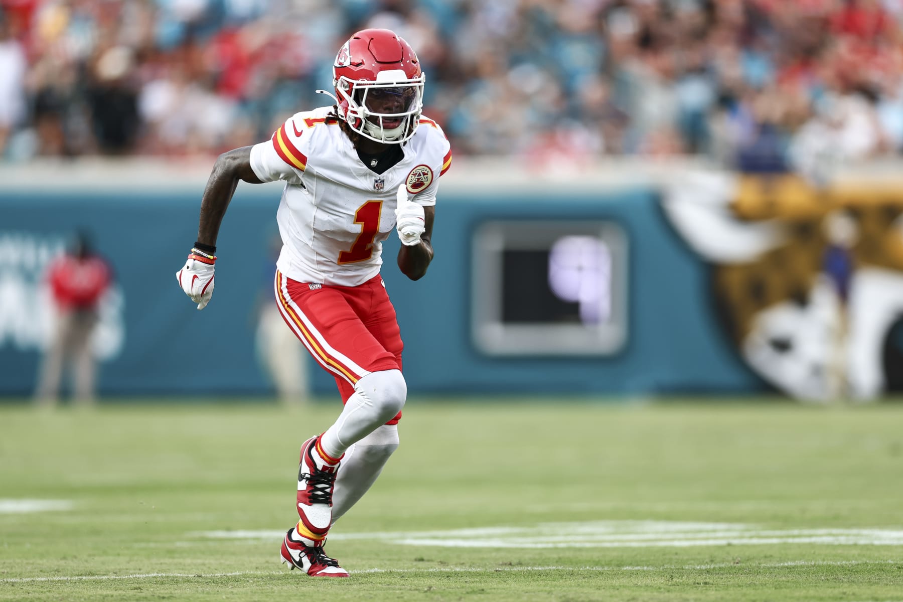 JACKSONVILLE, FL - AUGUST 10: Xavier Worthy #1 of the Kansas City Chiefs runs downfield during the first quarter of an NFL preseason football game against the Jacksonville Jaguars at EverBank Stadium on August 10, 2024 in Jacksonville, Florida. (Photo by Kevin Sabitus/Getty Images)