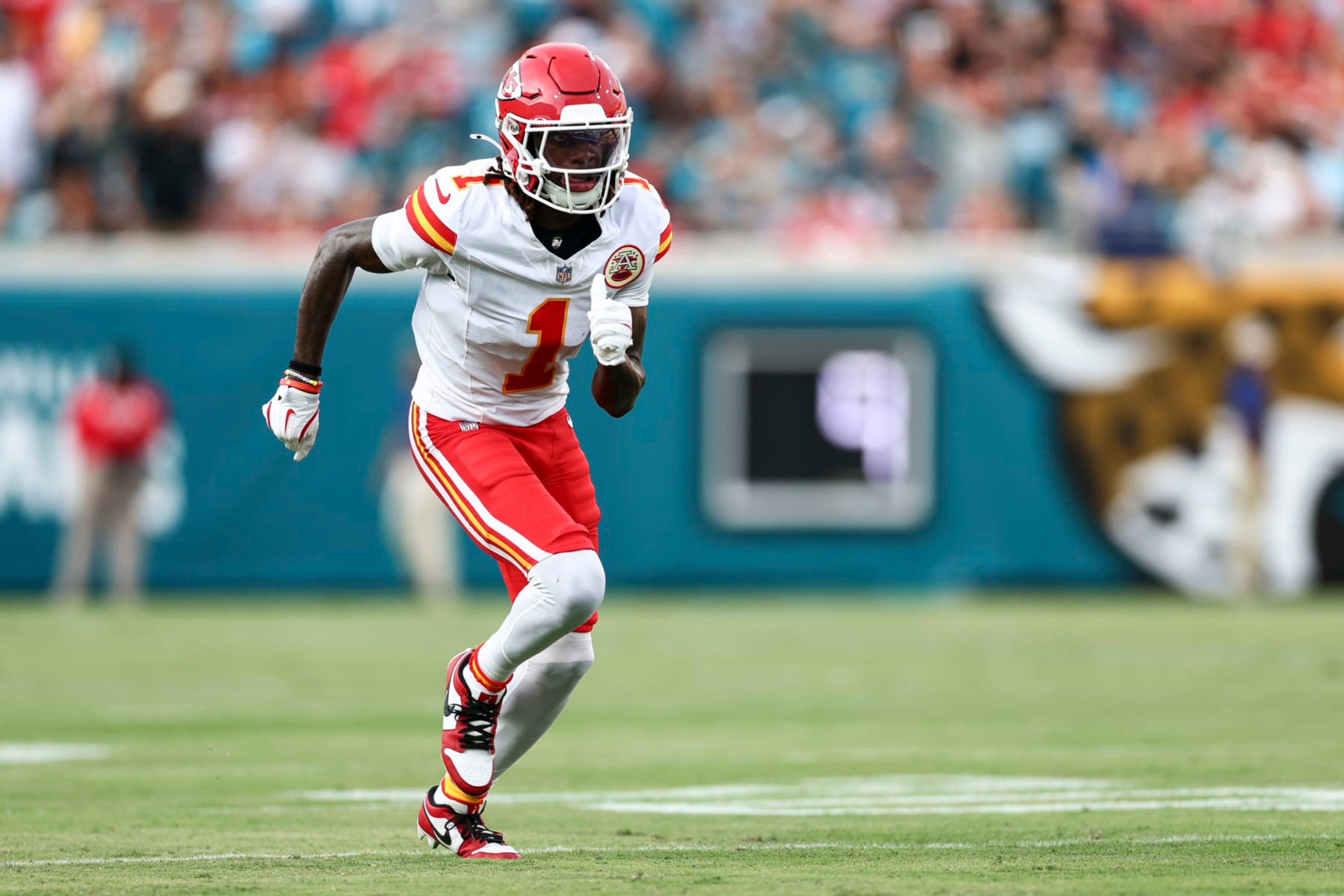 JACKSONVILLE, FL - AUGUST 10: Xavier Worthy #1 of the Kansas City Chiefs runs downfield during the first quarter of an NFL preseason football game against the Jacksonville Jaguars at EverBank Stadium on August 10, 2024 in Jacksonville, Florida. (Photo by Kevin Sabitus/Getty Images)