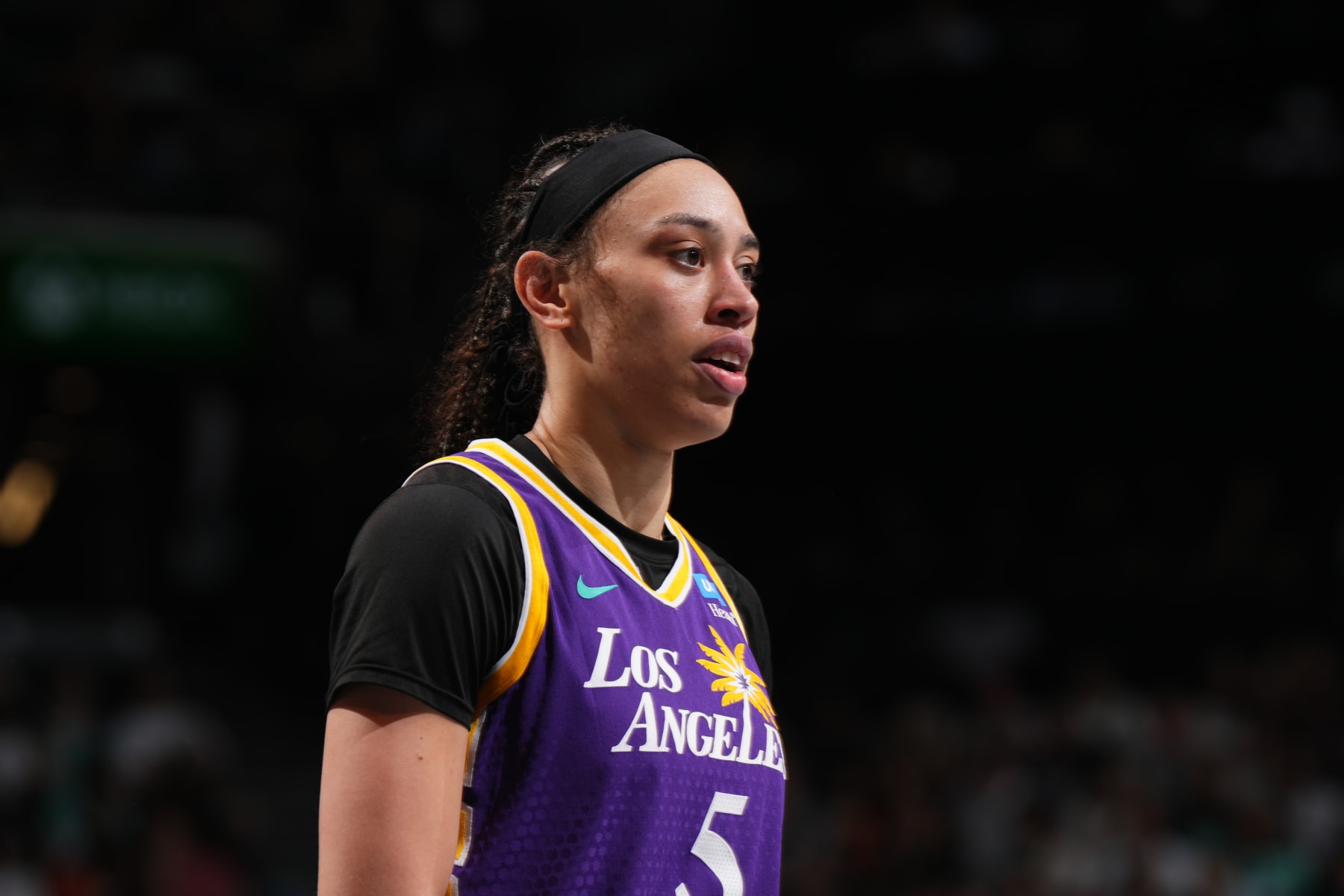 BROOKLYN, NY - JUNE 20: Dearica Hamby #5 of the Los Angeles Sparks looks on during the game against the New York Liberty on June 20, 2024 in Brooklyn, New York. NOTE TO USER: User expressly acknowledges and agrees that, by downloading and or using this photograph, user is consenting to the terms and conditions of the Getty Images License Agreement. Mandatory Copyright Notice: Copyright 2024 NBAE (Photo by Catalina Fragoso/NBAE via Getty Images)