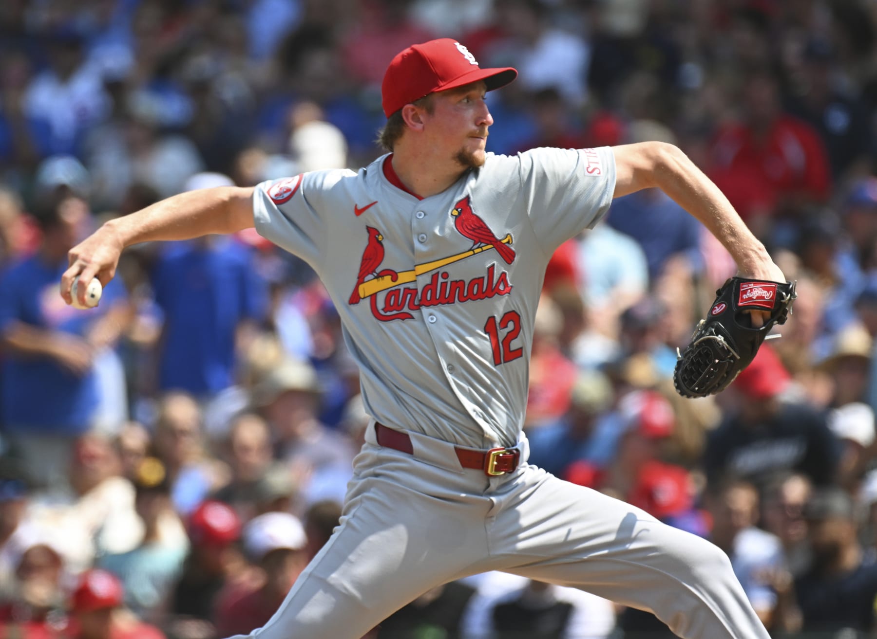 CHICAGO, ILLINOIS - AUGUST 02: Erick Fedde #12 of the St. Louis Cardinals throws a pitch during the third inning of a game against the Chicago Cubs at Wrigley Field on August 02, 2024 in Chicago, Illinois. (Photo by Nuccio DiNuzzo/Getty Images)