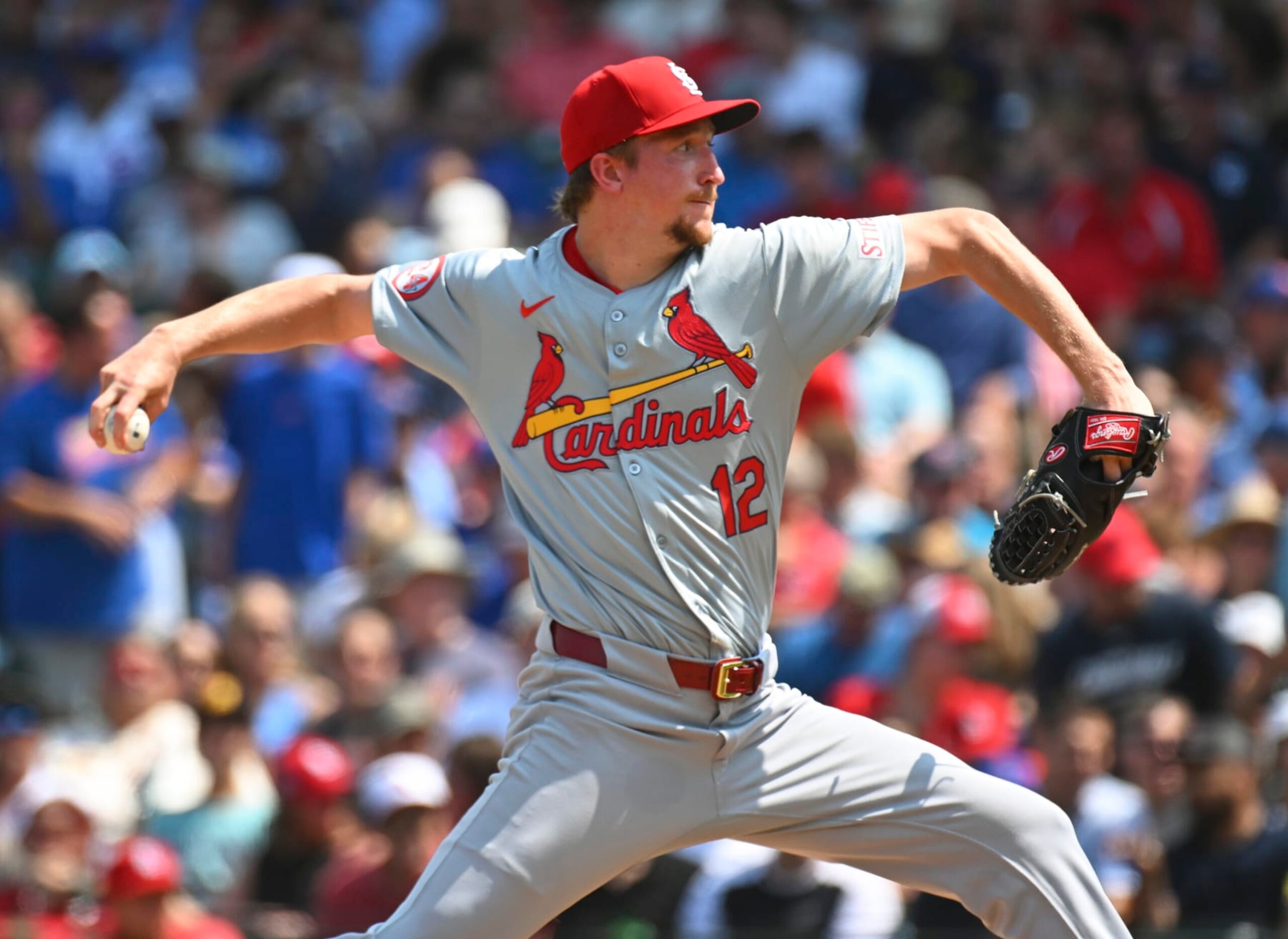 CHICAGO, ILLINOIS - AUGUST 02: Erick Fedde #12 of the St. Louis Cardinals throws a pitch during the third inning of a game against the Chicago Cubs at Wrigley Field on August 02, 2024 in Chicago, Illinois. (Photo by Nuccio DiNuzzo/Getty Images)