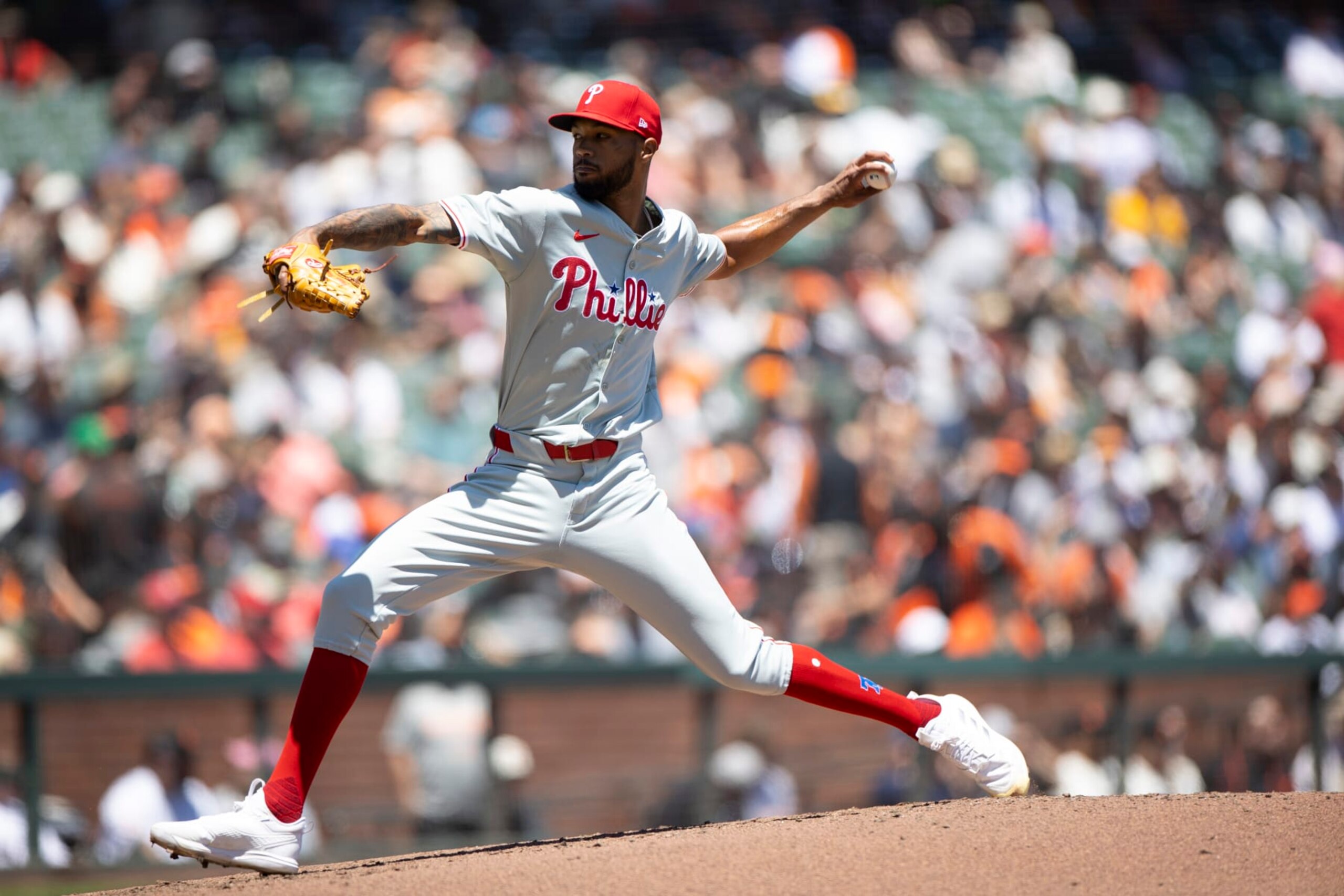 SAN FRANCISCO, CA - MAY 29: Cristopher Sanchez #61 of the Philadelphia Phillies pitches during the game against the San Francisco Giants at Oracle Park on May 29, 2024 in San Francisco, California. The Phillies defeated the Giants 6-1. (Photo by Michael Zagaris/Getty Images)
