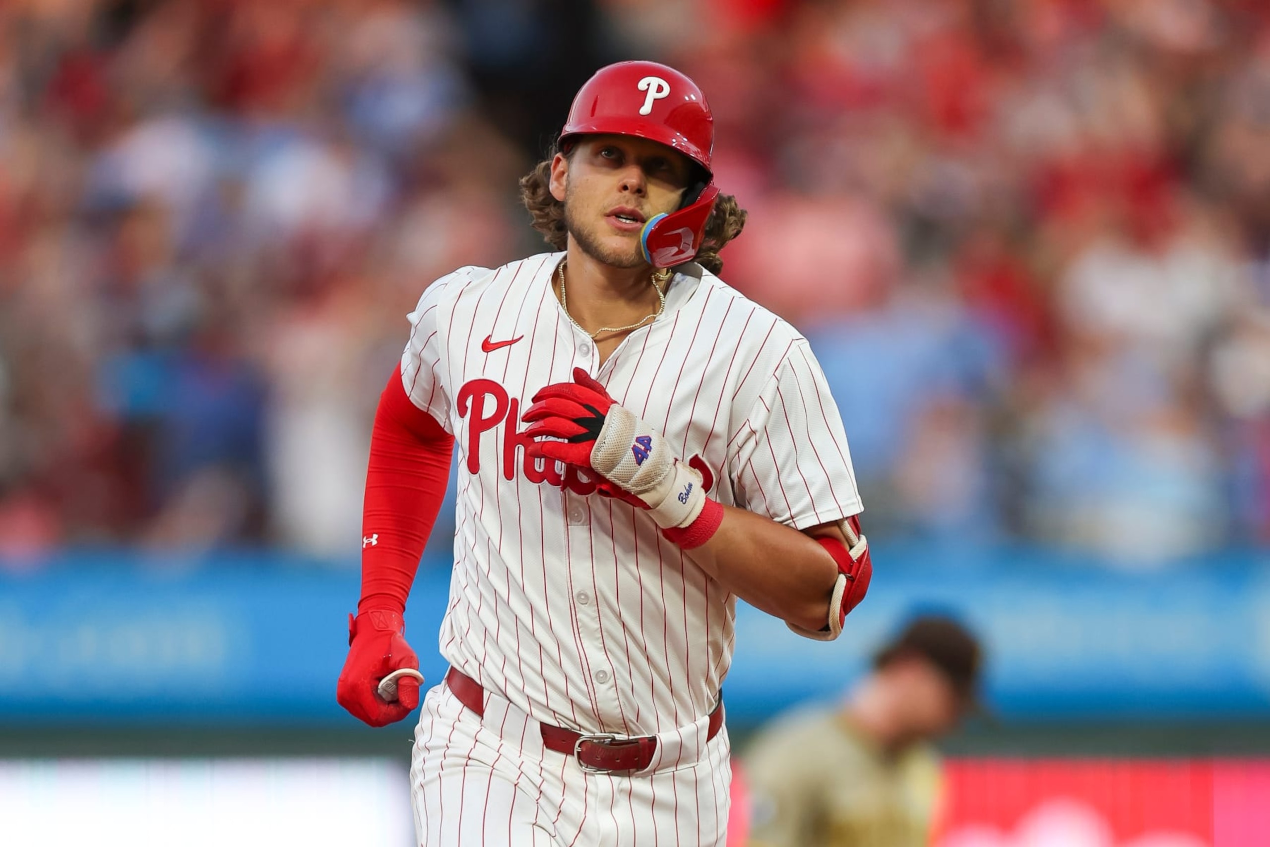 PHILADELPHIA, PENNSYLVANIA - JUNE 17: Alec Bohm #28 of the Philadelphia Phillies rounds the base after hitting a three run home run in the fifth inning against the San Diego Padres at Citizens Bank Park on June 17, 2024 in Philadelphia, Pennsylvania. (Photo by Brandon Sloter/Getty Images)
