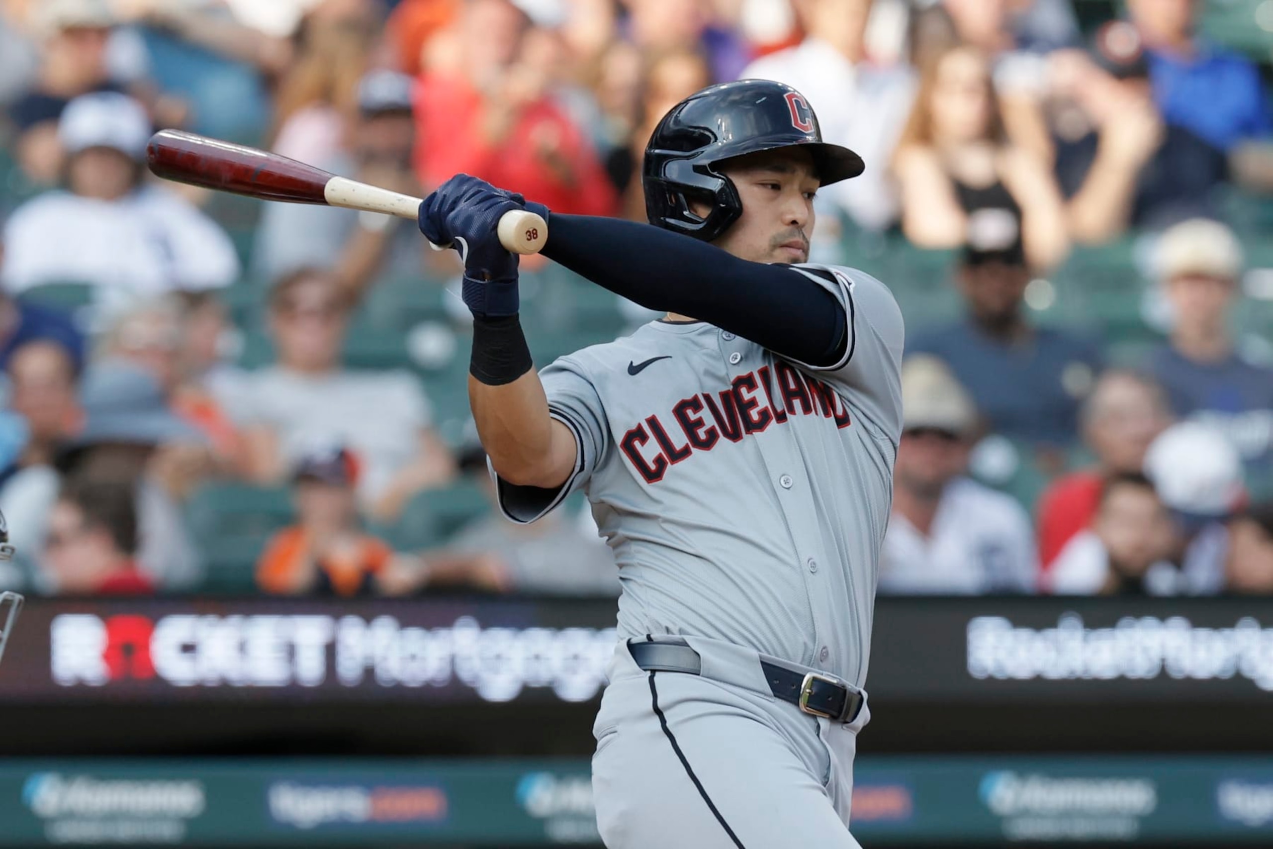 DETROIT, MI -  JULY 29:  Steven Kwan #38 of the Cleveland Guardians bats against the Detroit Tigers during the first inning at Comerica Park on July 29, 2024 in Detroit, Michigan. (Photo by Duane Burleson/Getty Images)