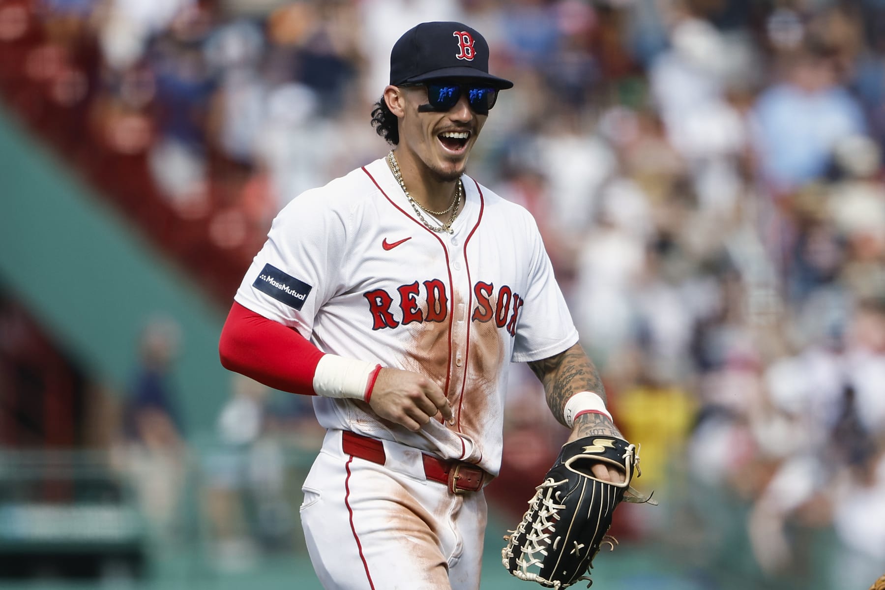 BOSTON, MA - JULY 14: Jarren Duran #16 of the Boston Red Sox smiles during the ninth inning against the Kansas City Royals at Fenway Park on July 14, 2024 in Boston, Massachusetts. (Photo By Winslow Townson/Getty Images)